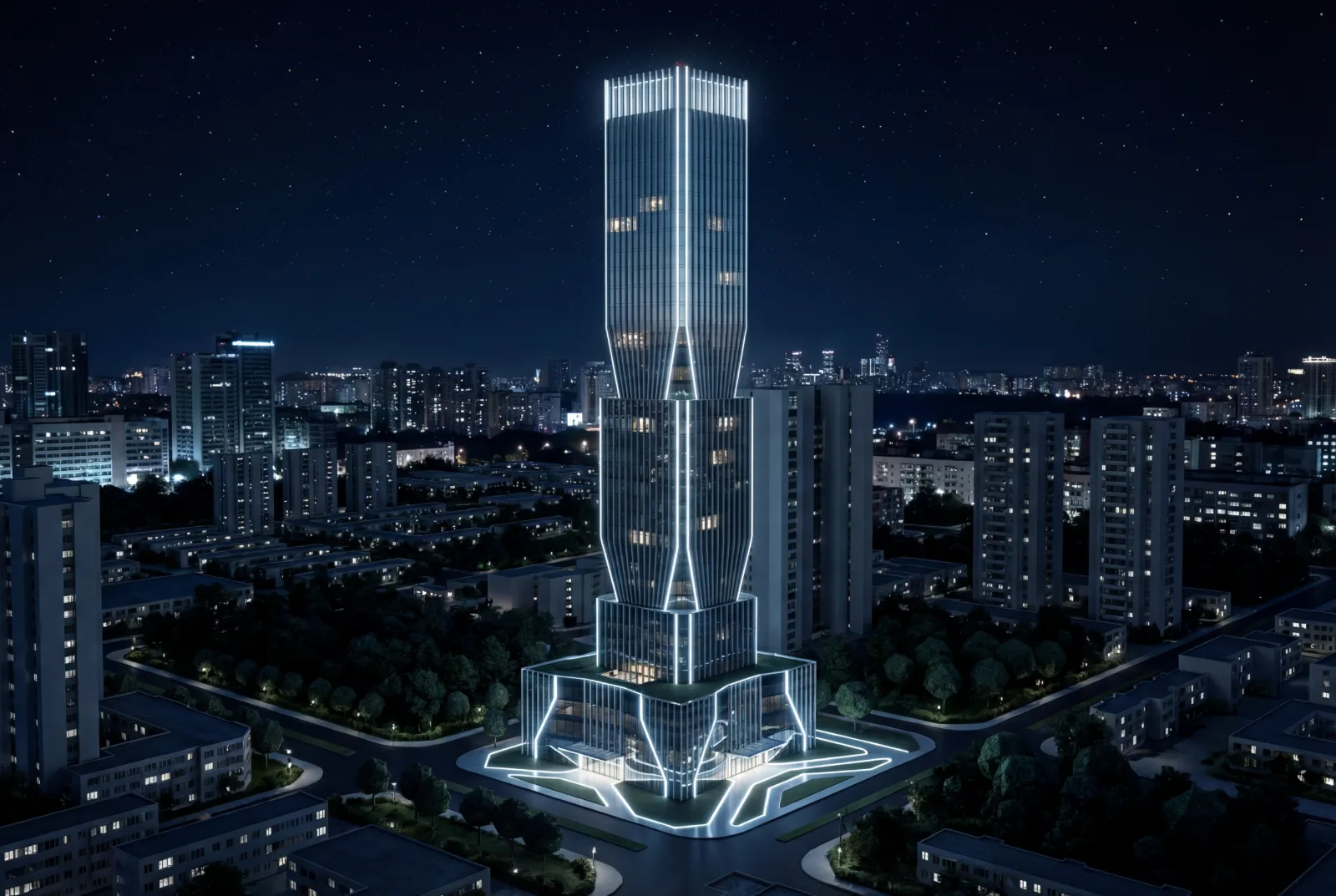 未来感超高层塔楼夜景，办公商业 AI 设计参考