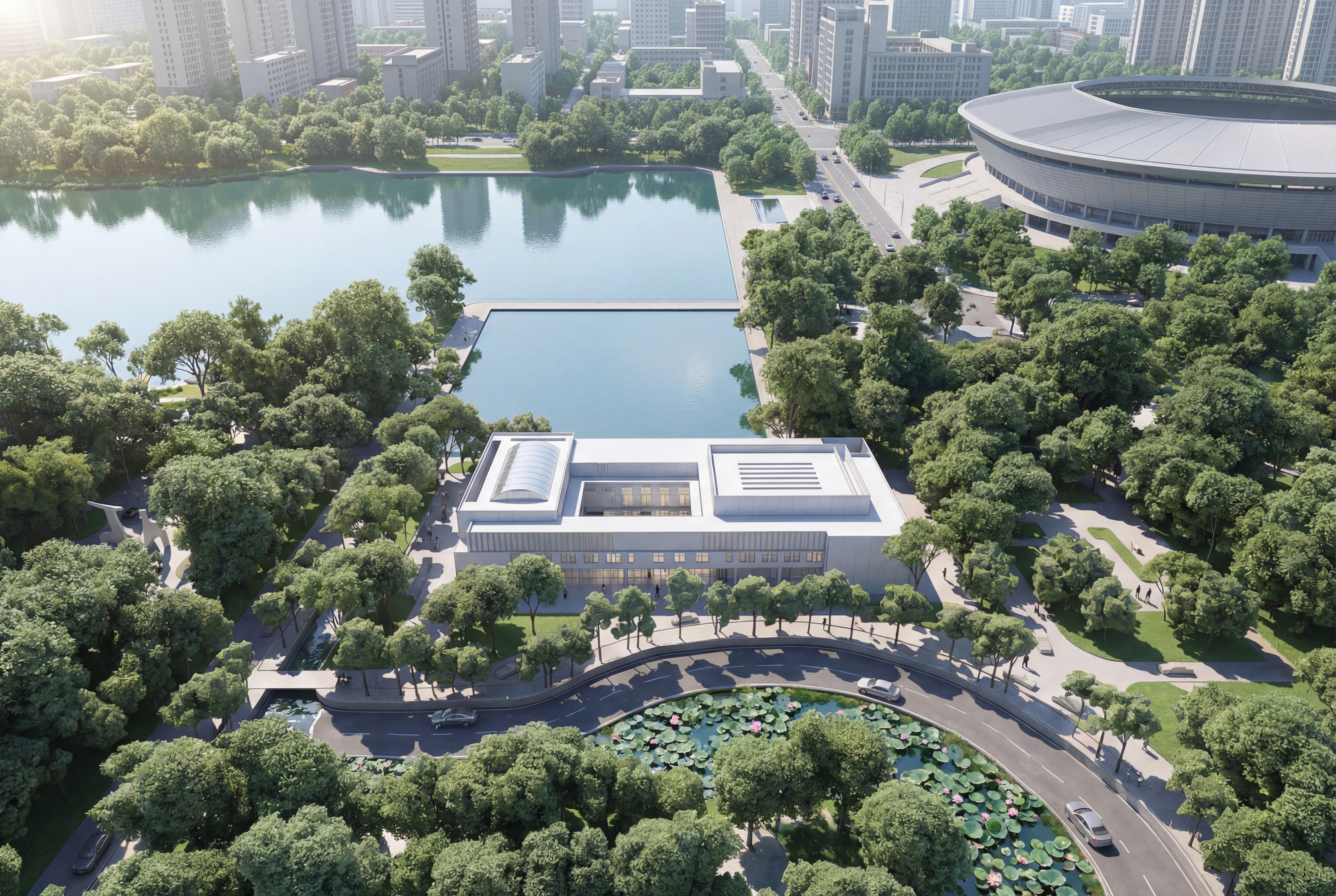 湖滨公共建筑群鸟瞰，文化展览 AI 设计参考