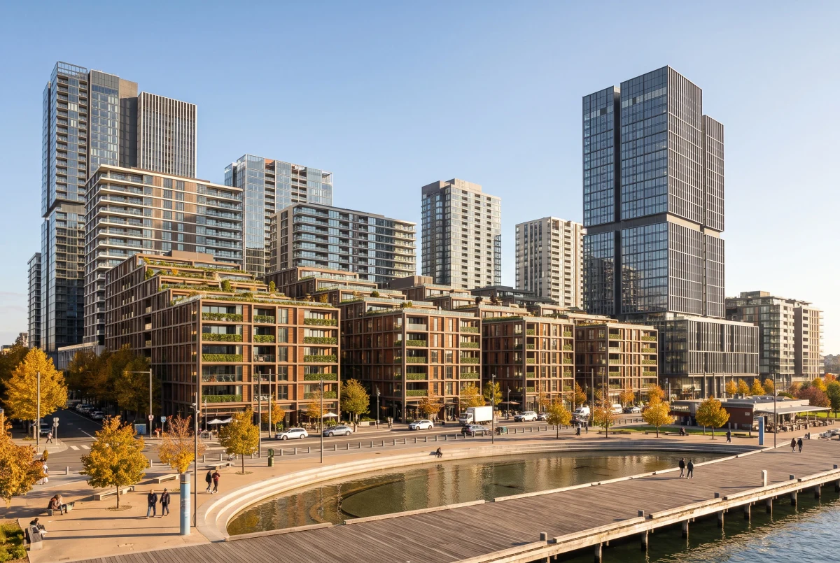 秋日滨水高层社区，办公商业 AI 设计参考