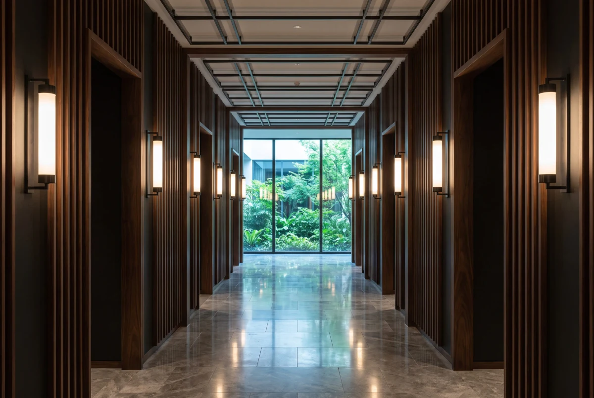 深木格栅庭院景观廊道，酒店 AI 设计参考
