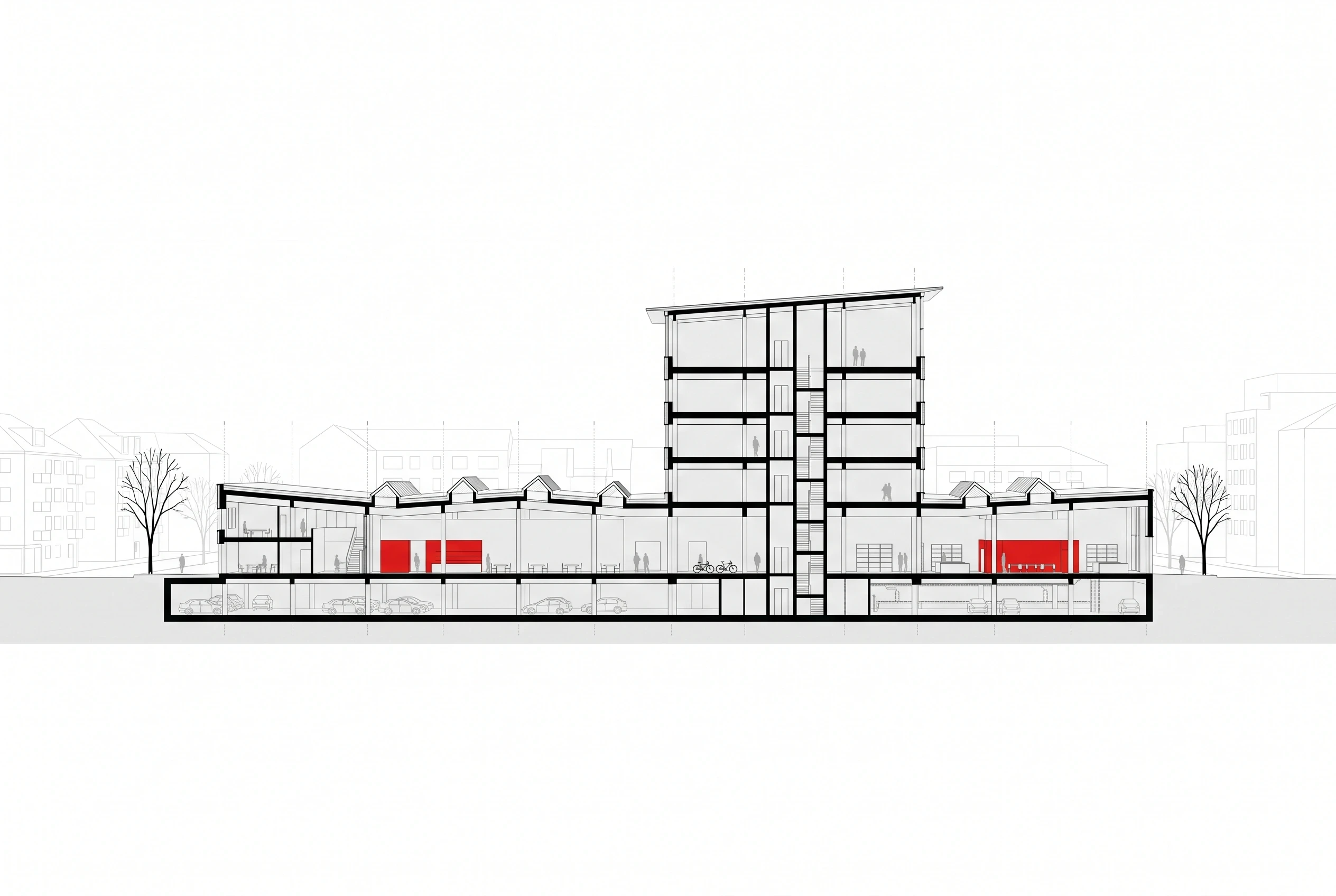 城市公共建筑剖面表达，剖面 AI 设计参考