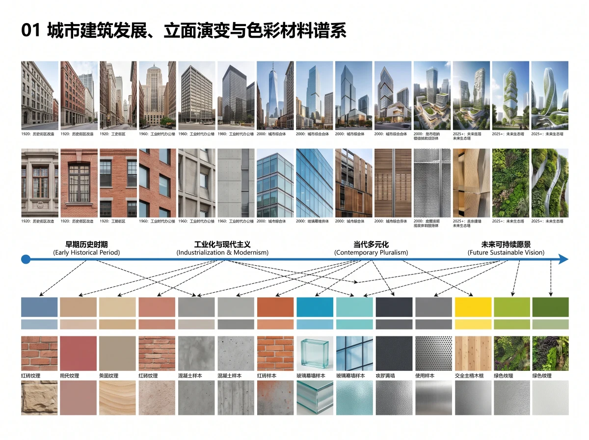 城市建筑色彩材料谱系信息图，展板排版 AI 设计参考