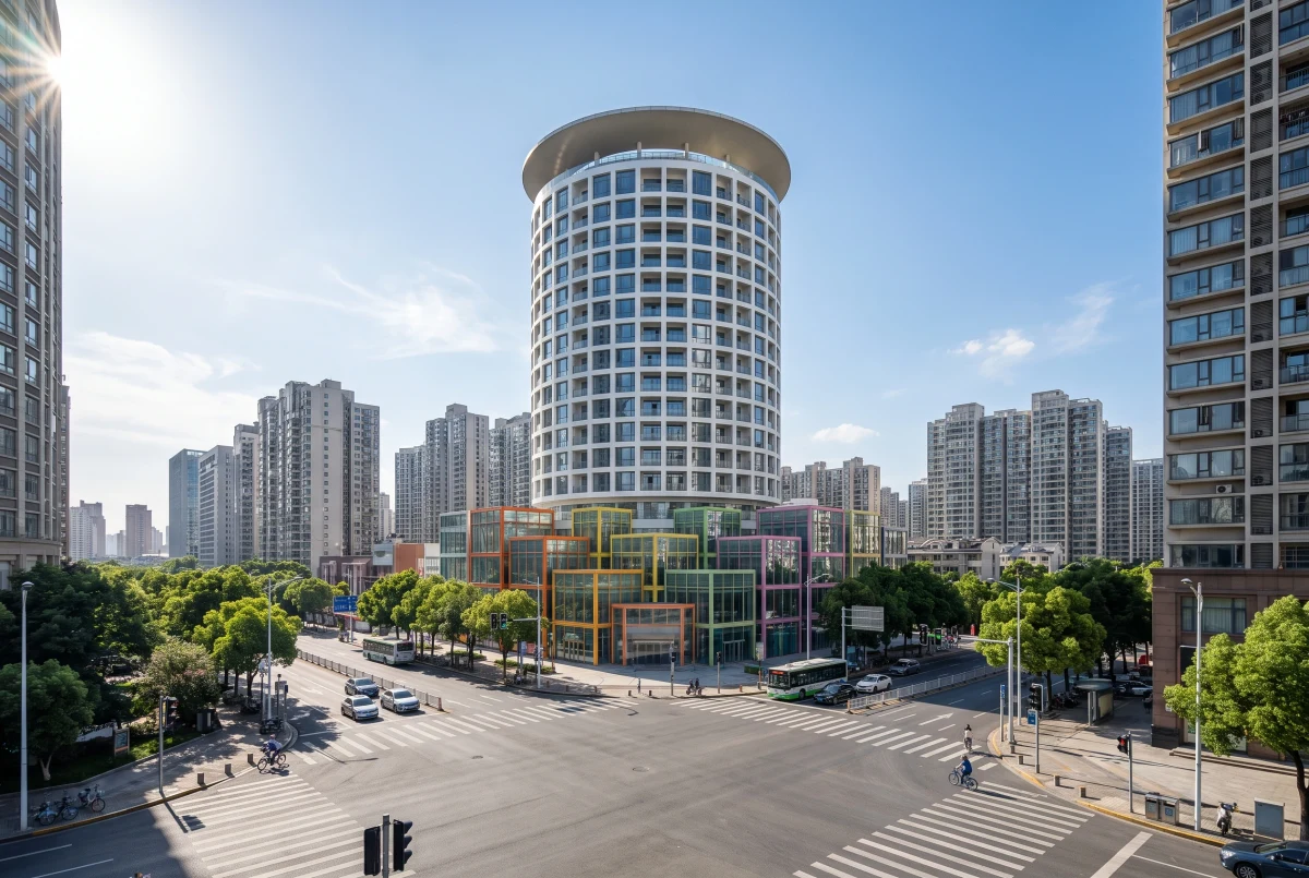 彩色圆塔公共建筑街景，综合公共建筑 AI 设计参考