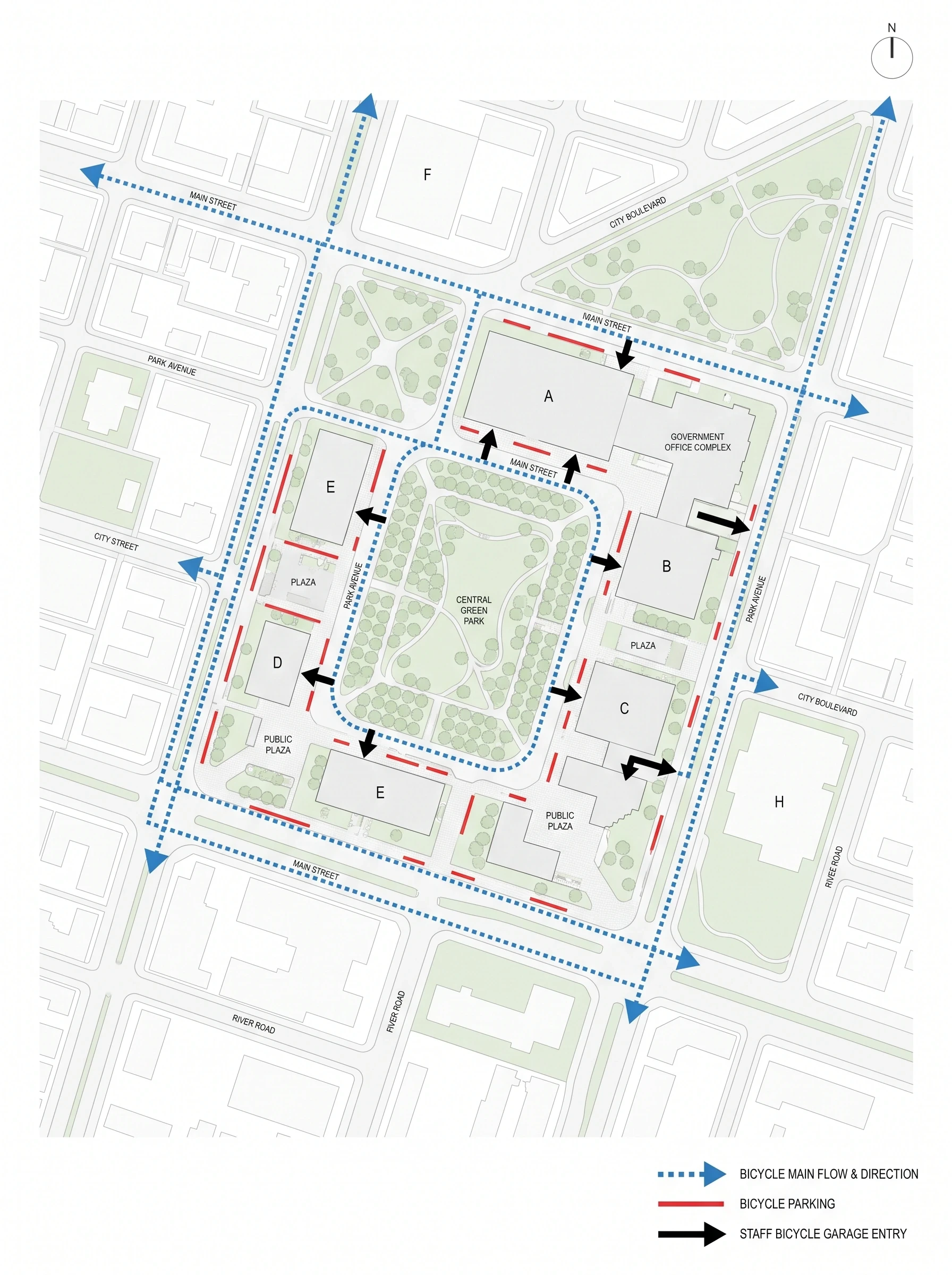 城市自行车流线场地分析图，功能流线 AI 设计参考