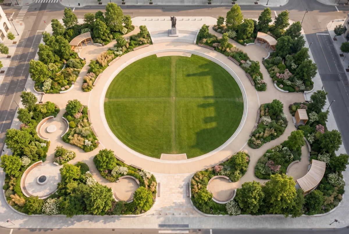 椭圆绿地广场景观，广场公共空间 AI 设计参考