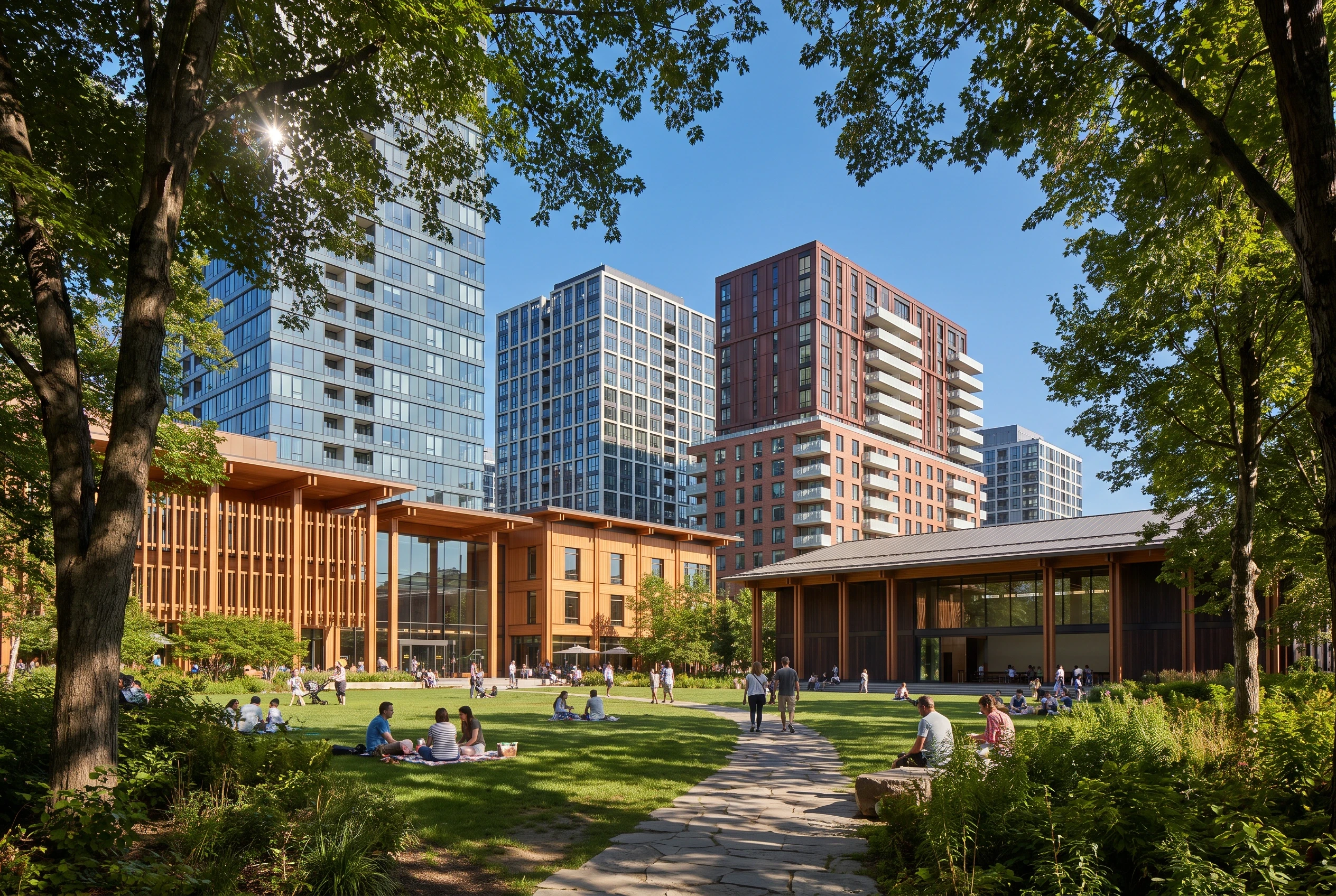 城市公园中的复合建筑群，住宅 AI 设计参考