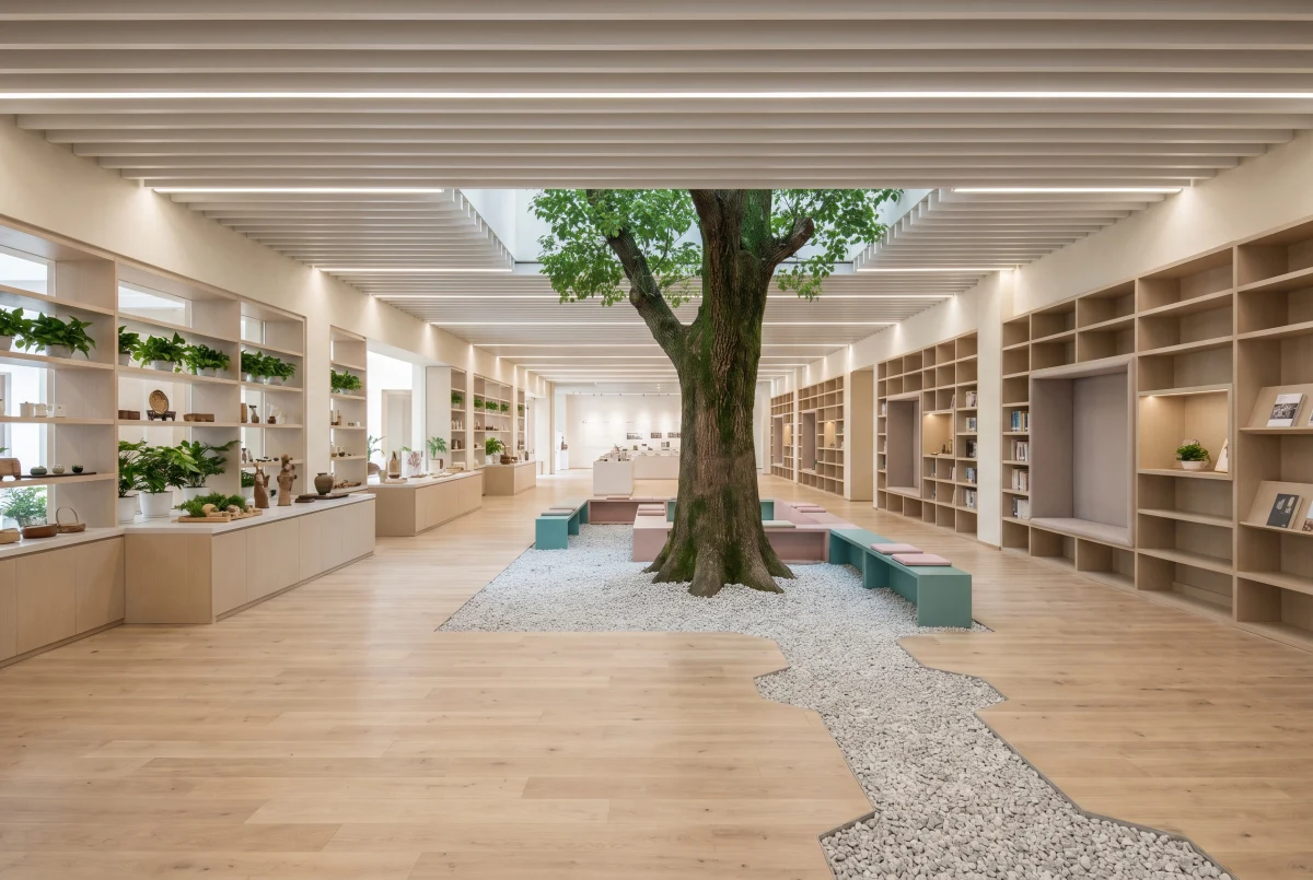 木构展厅中的中央树庭，文化展陈 AI 设计参考