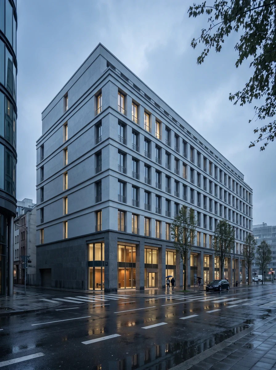 雨幕中的街角商务建筑，办公商业 AI 设计参考
