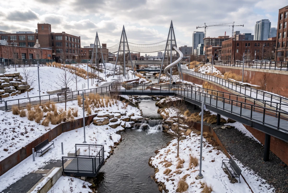 雪境中的城市溪谷公园，公园绿地 AI 设计参考