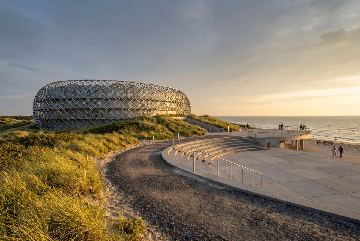 海滨沙丘上的网格建筑景观，滨水空间 AI 设计参考