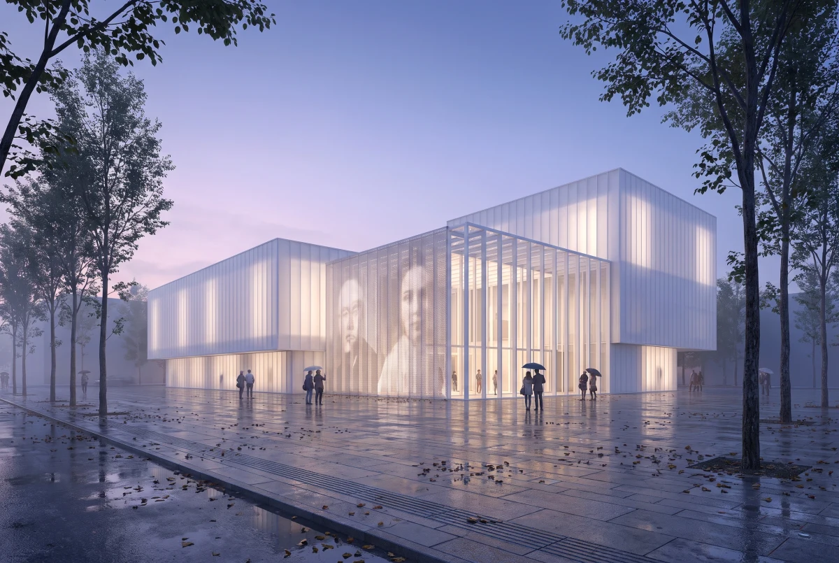 蓝调时刻的白色文化展馆，文化展览 AI 设计参考