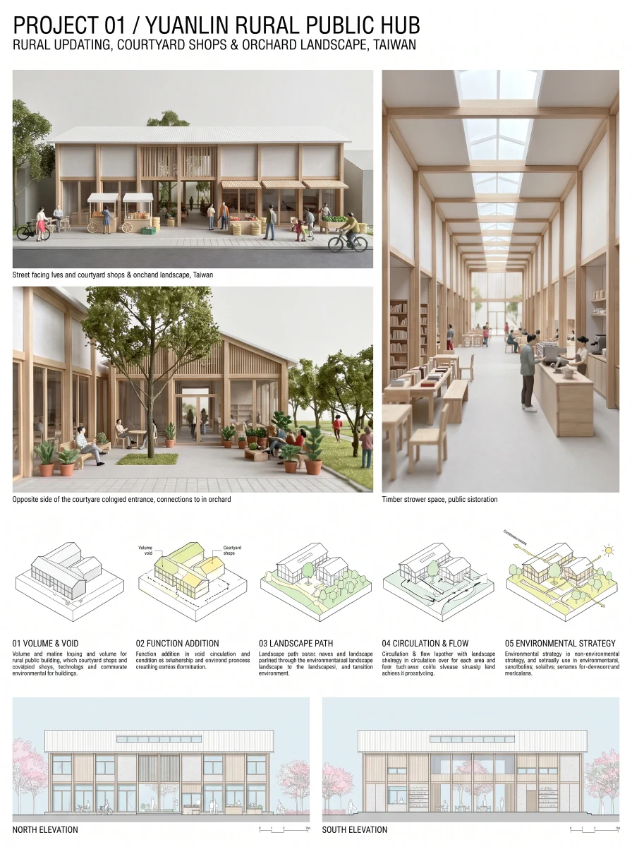 果园与菜园之间的建筑竞赛展板，展板排版 AI 设计参考