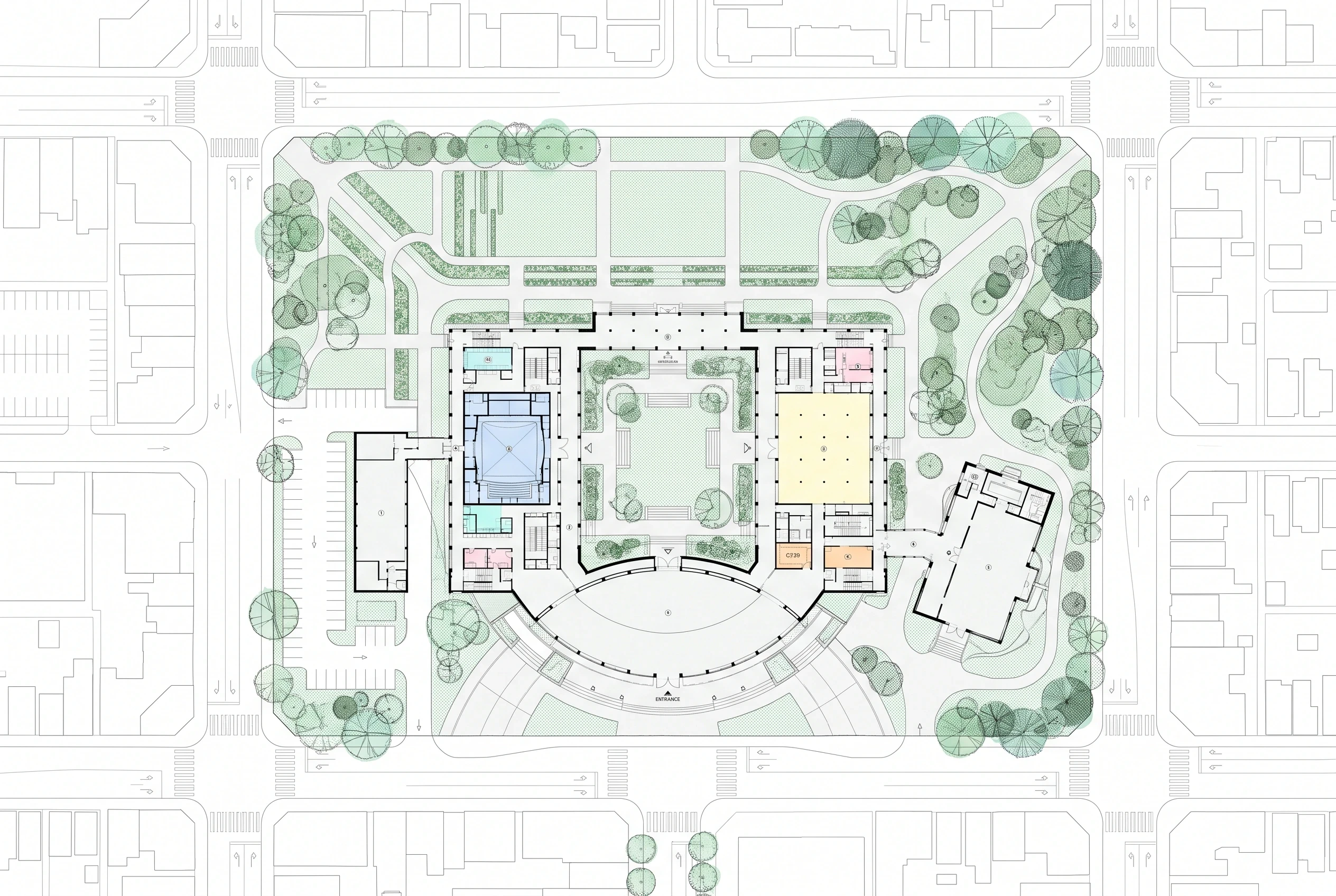 文化建筑总平面景观图，总平面 AI 设计参考