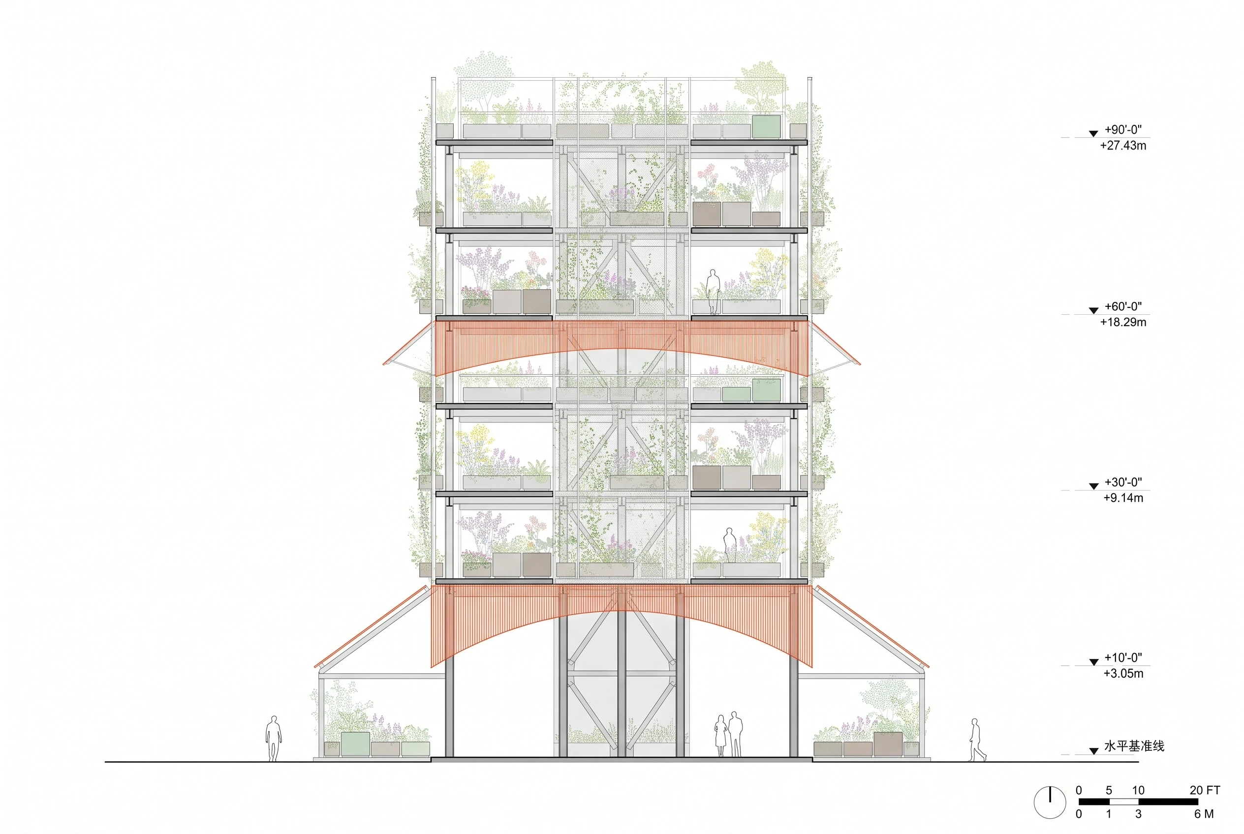 垂直花园建筑剖面图，剖面 AI 设计参考
