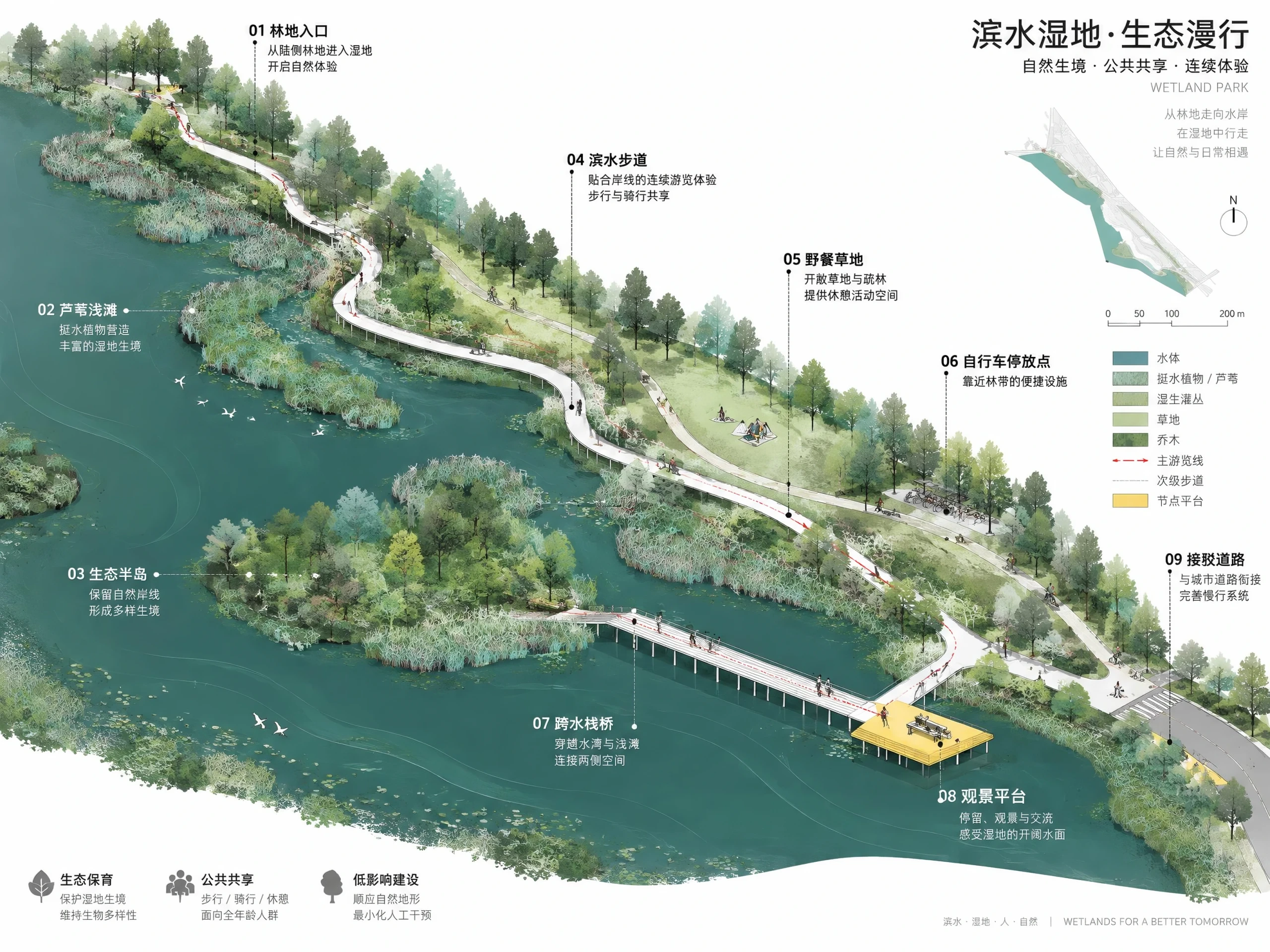 湿地水岸游径轴测图，滨水空间 AI 设计参考