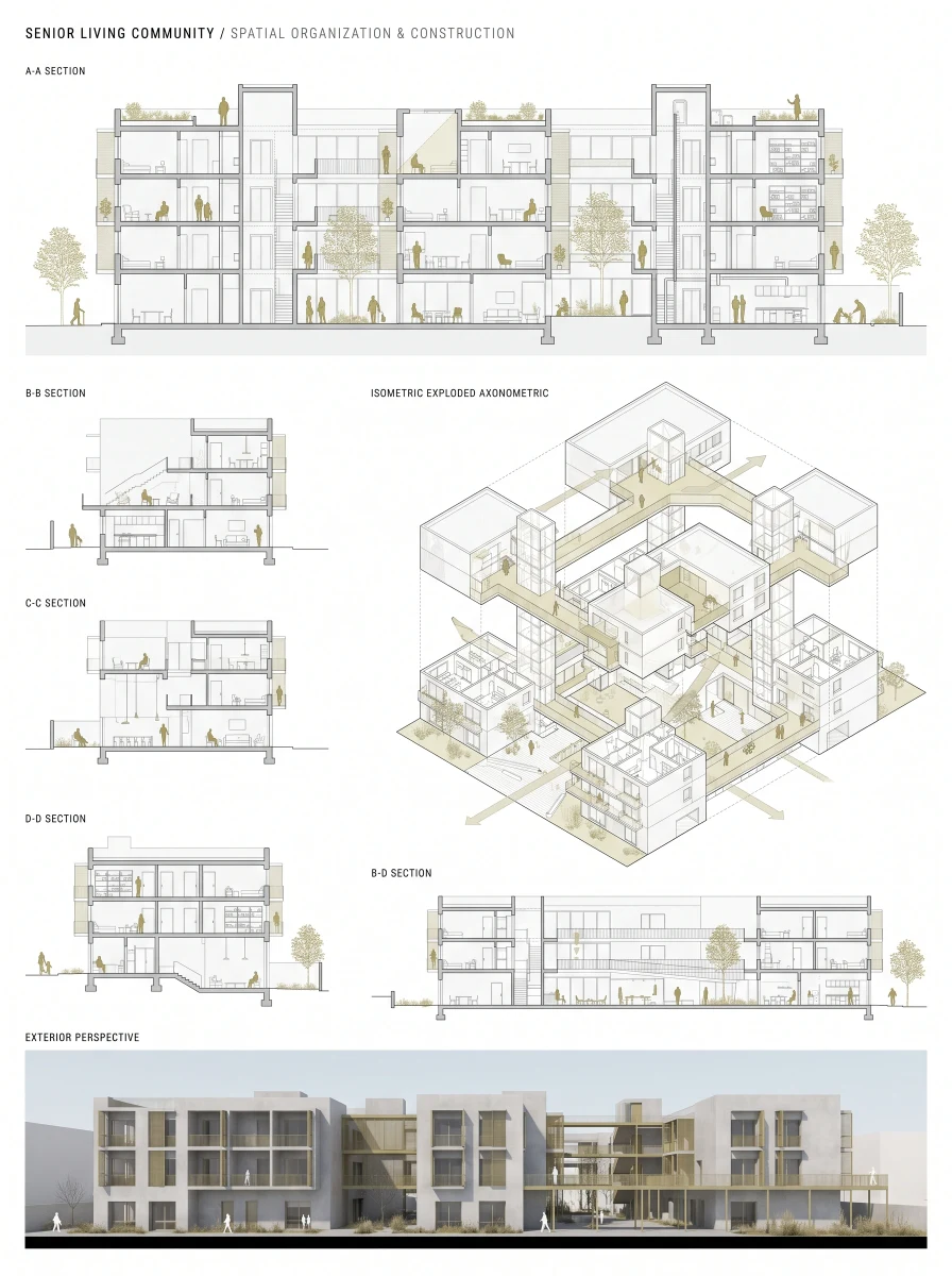 养老住宅作品集剖面展板，展板排版 AI 设计参考