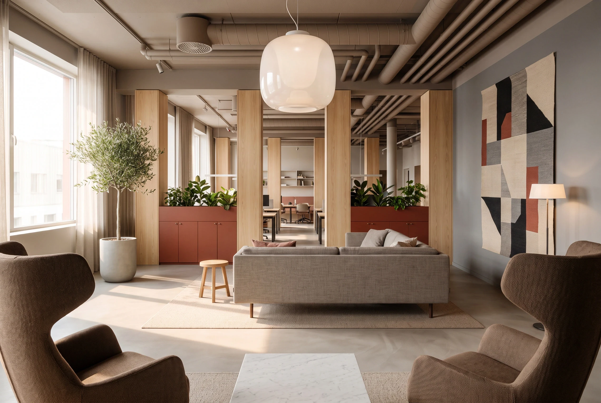 暖木工业风办公休憩区，办公 AI 设计参考
