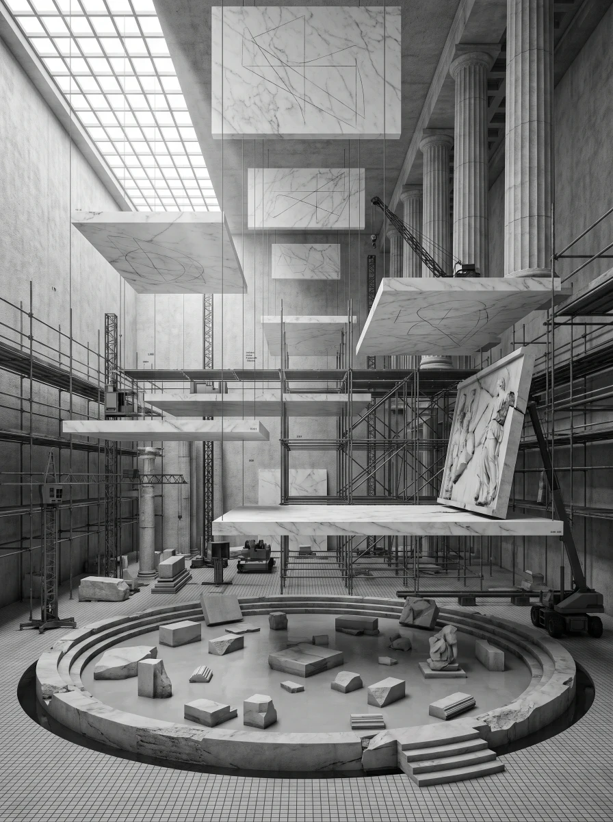想象遗迹的灰白建造剧场，展板排版 AI 设计参考