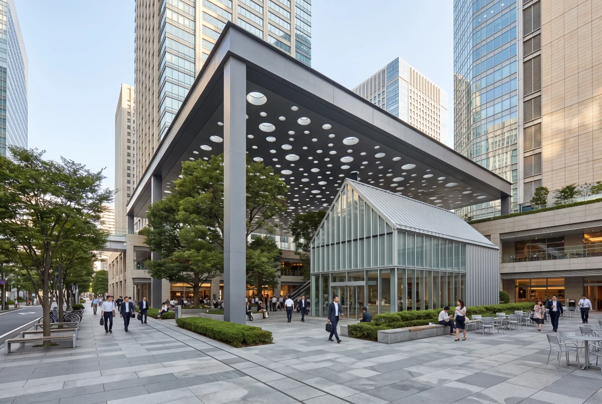 悉尼高层建筑中庭广场，广场公共空间 AI 设计参考