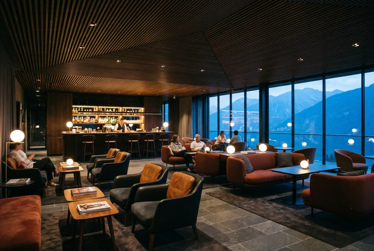 北欧山景酒店休闲酒廊，酒店 AI 设计参考