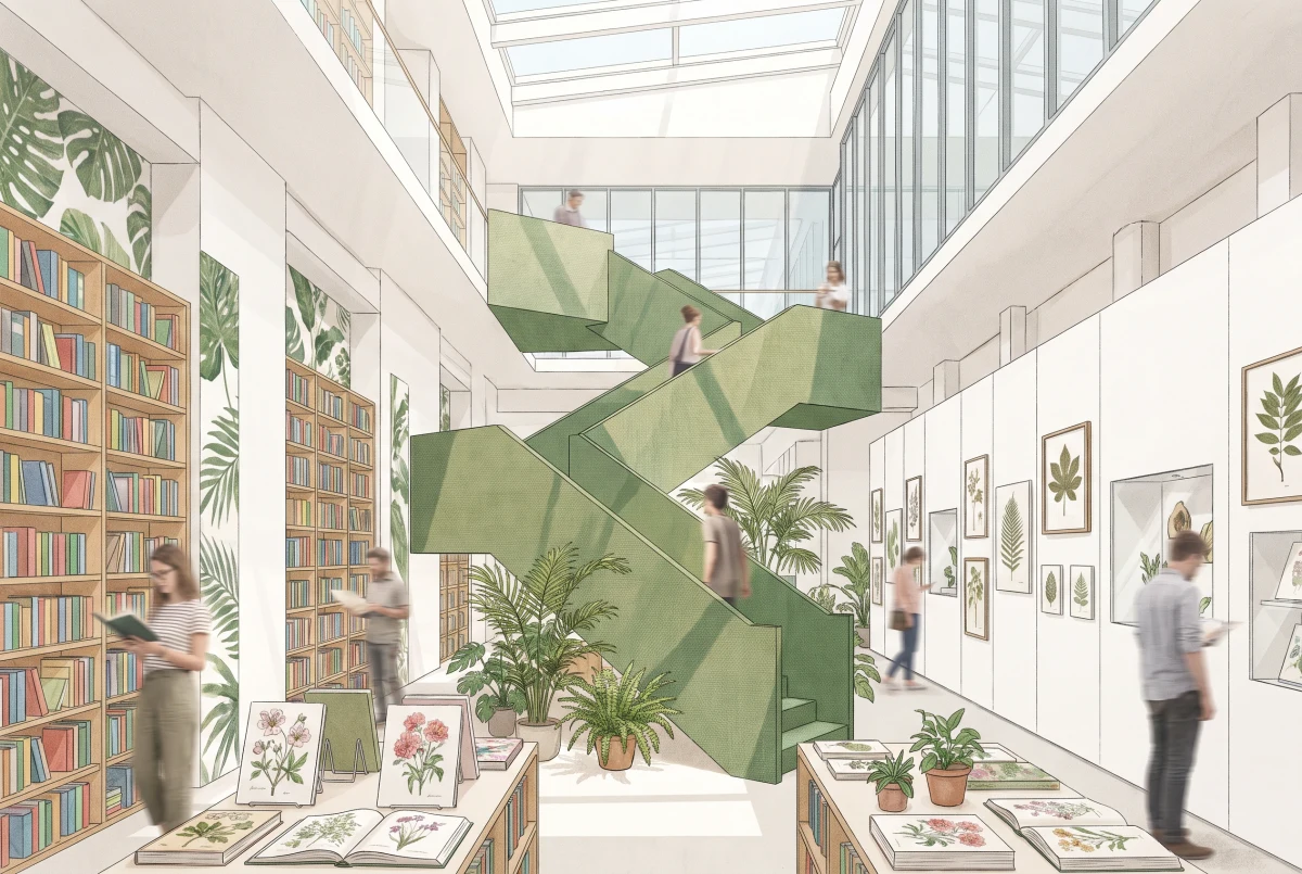 植物主题书店中庭空间，文化展陈 AI 设计参考