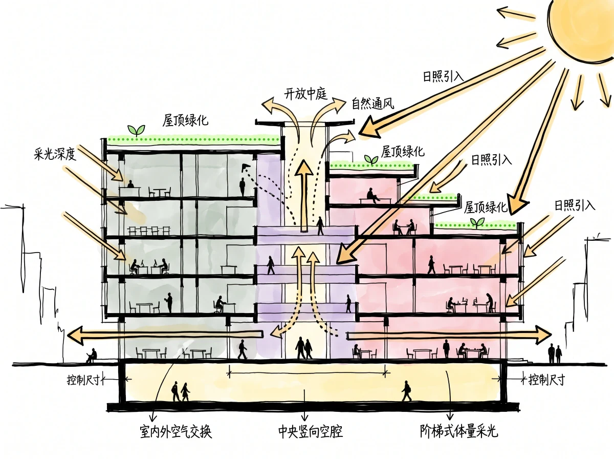 校园建筑环境性能剖面图，环境性能 AI 设计参考