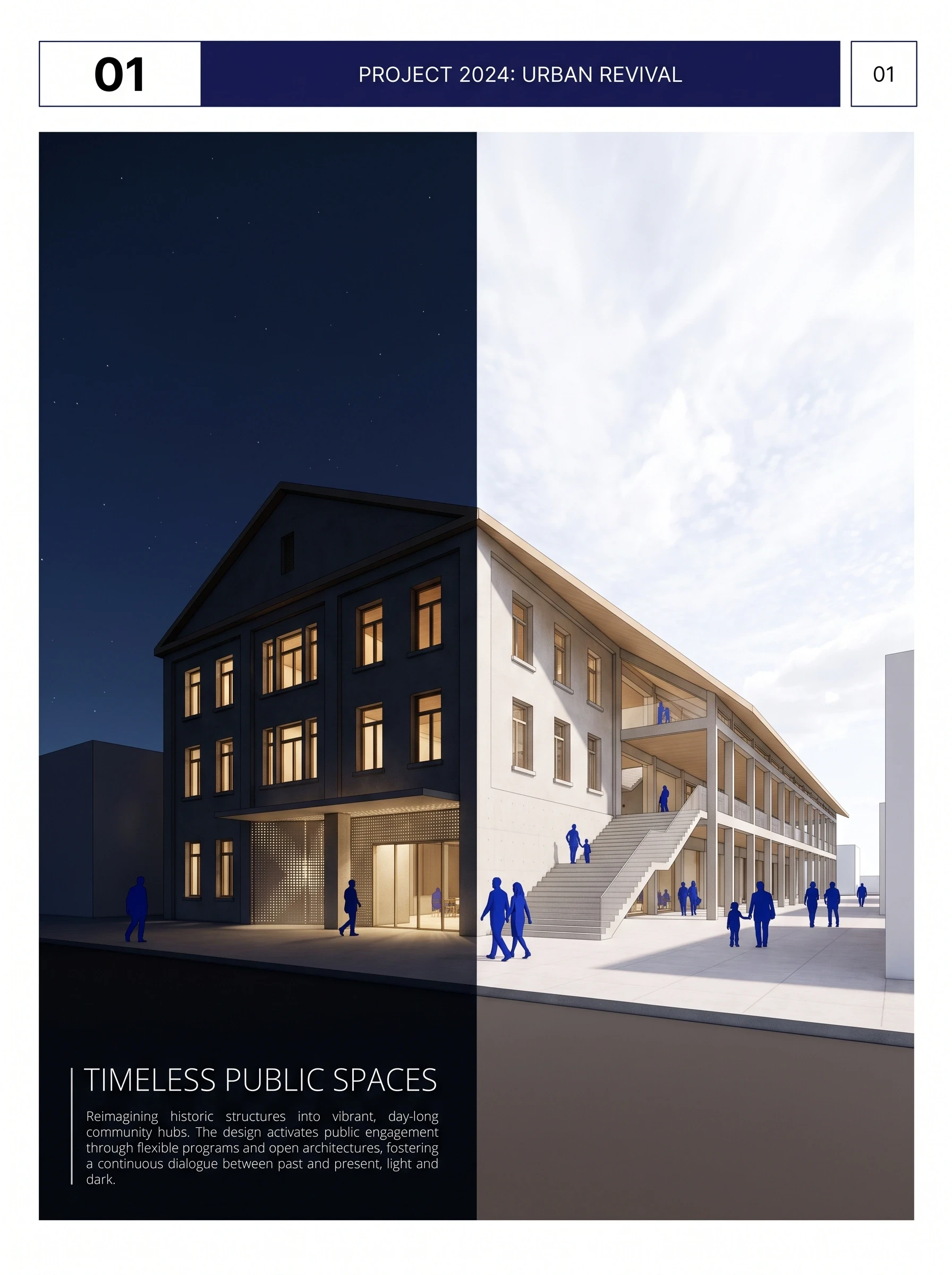 建筑昼夜对照展示板，展板排版 AI 设计参考