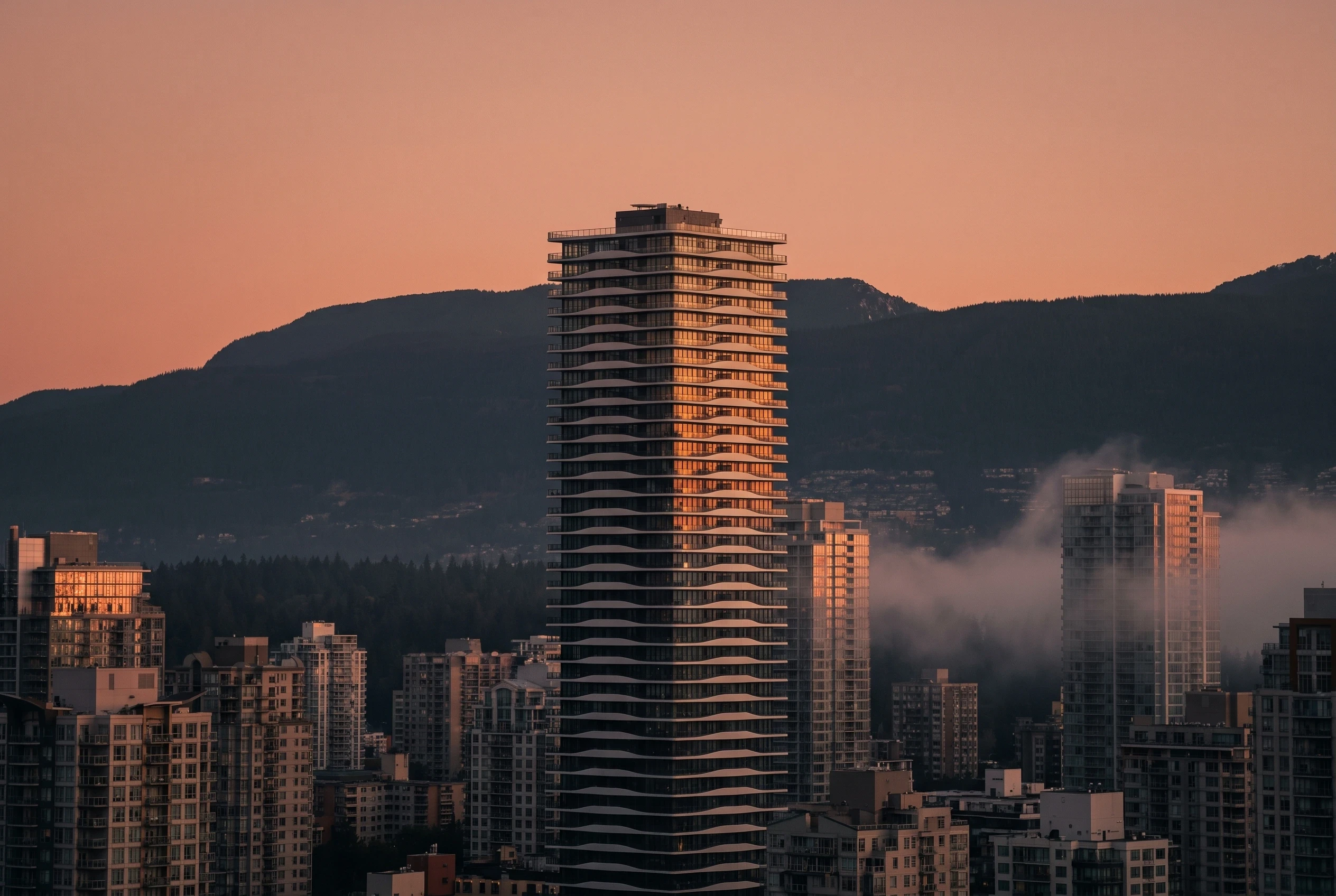 蝶翼波纹住宅塔楼晨景，住宅 AI 设计参考