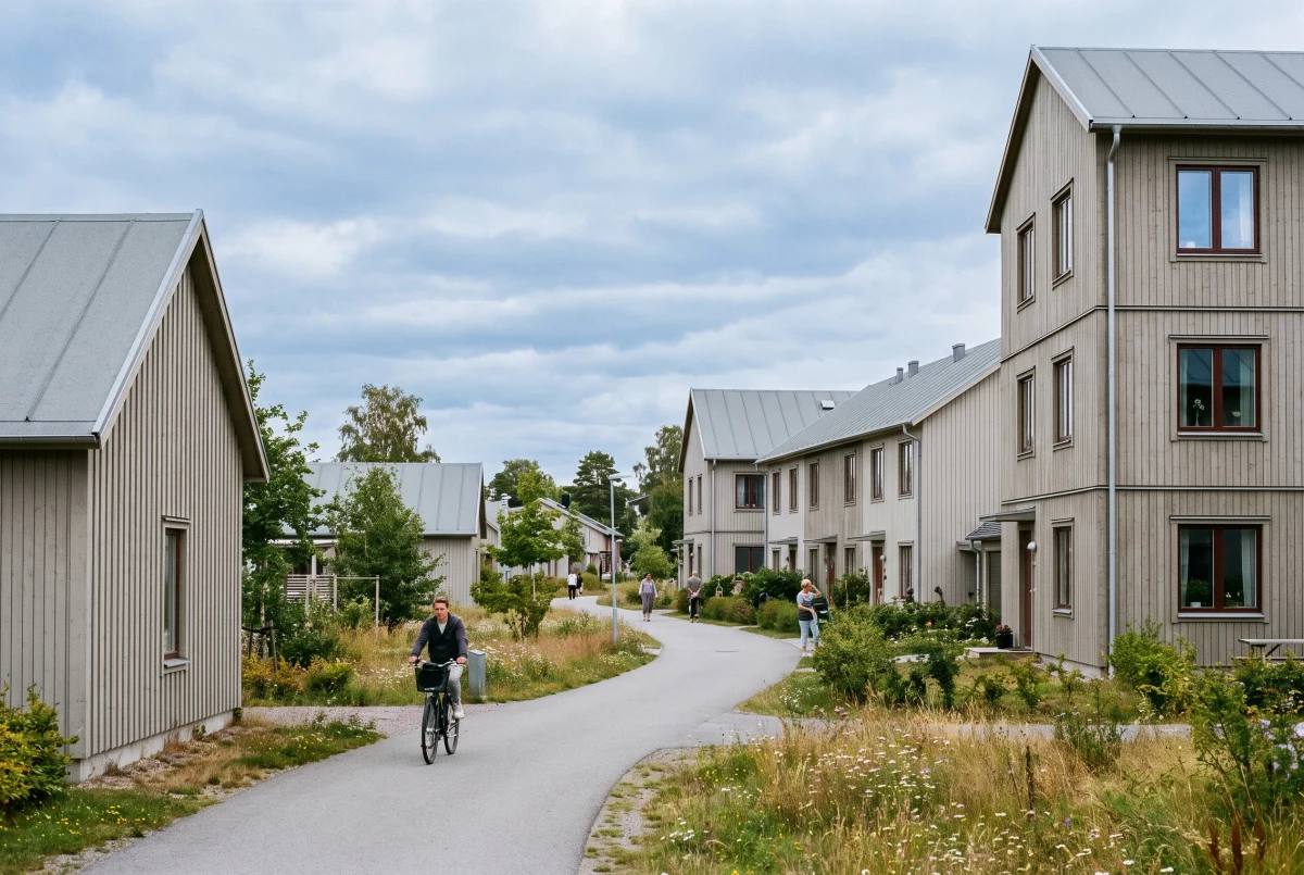 木质立面的共享住宅街巷，住宅 AI 设计参考
