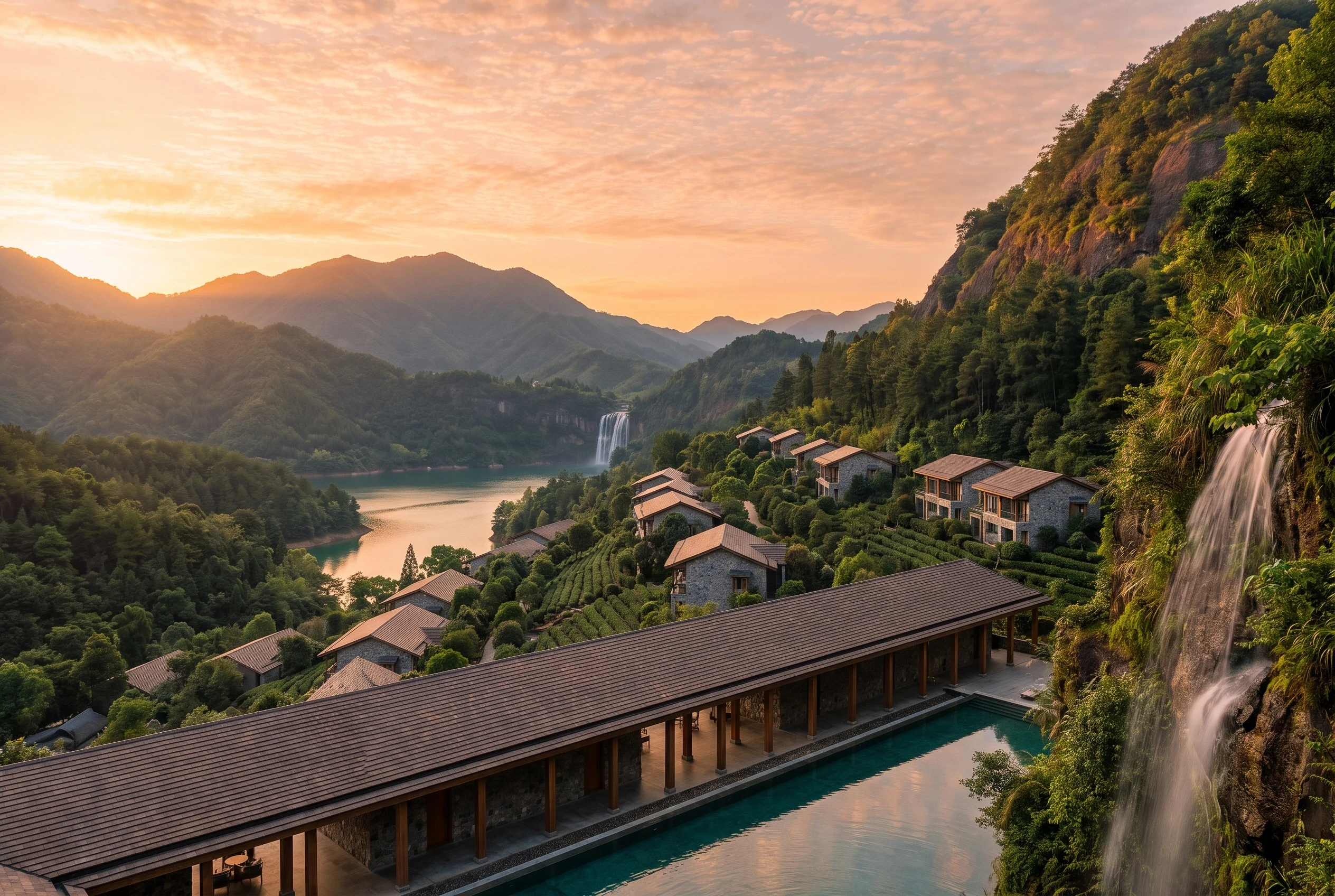 山湖梯田度假村夕照，酒店度假 AI 设计参考
