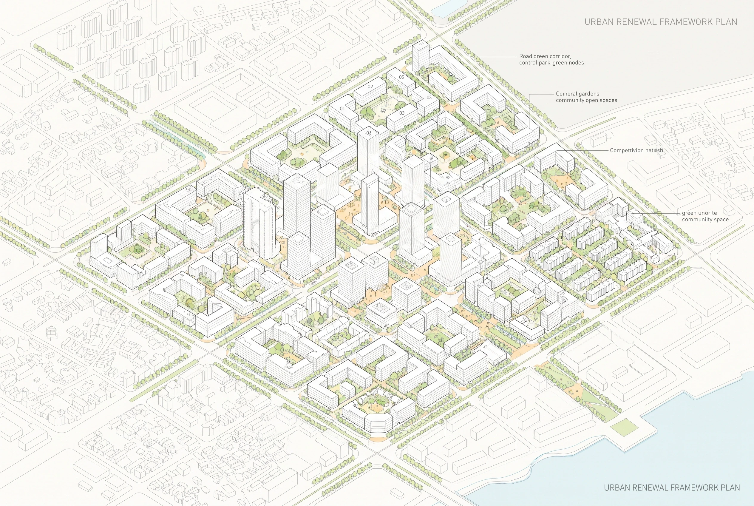 高密度城市绿色更新轴测图，城市设计 AI 设计参考