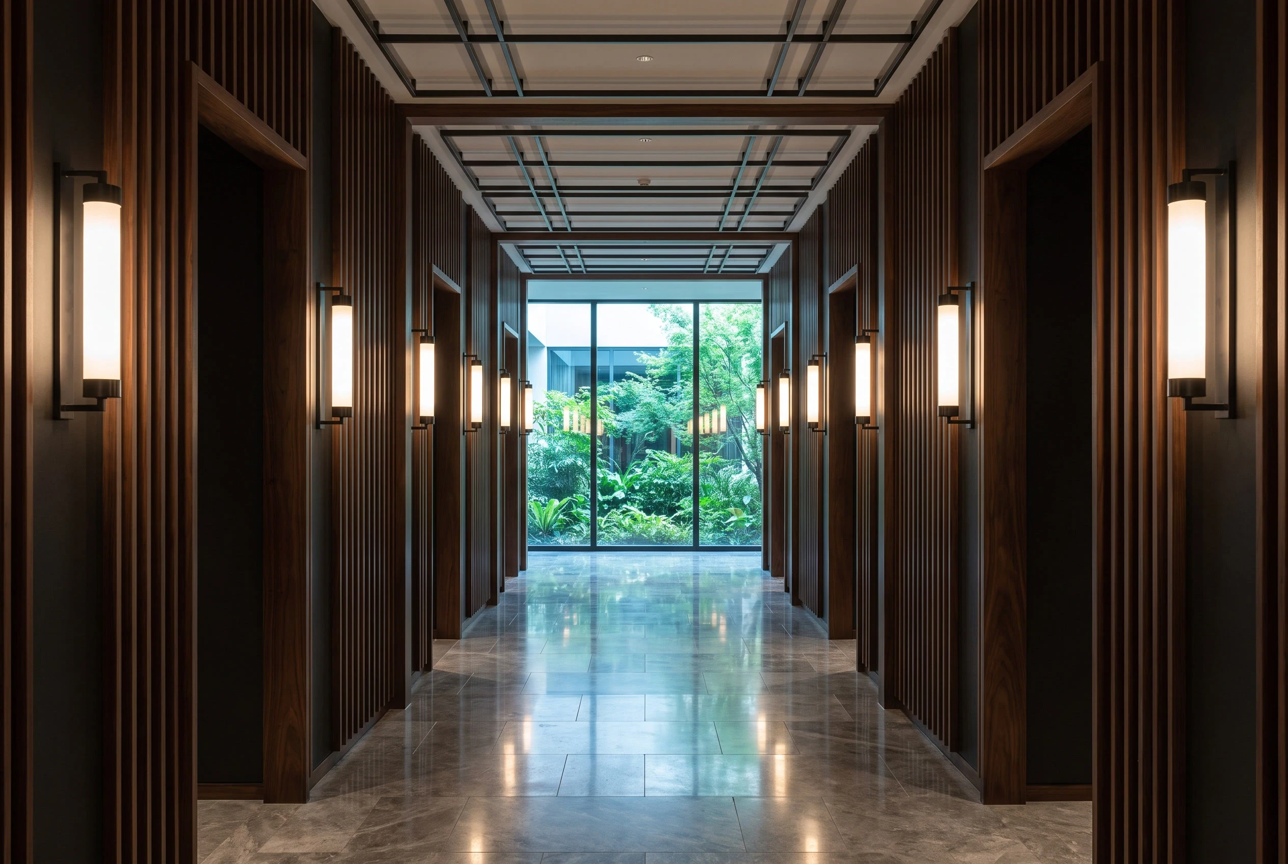 深木格栅庭院景观廊道，酒店 AI 设计参考
