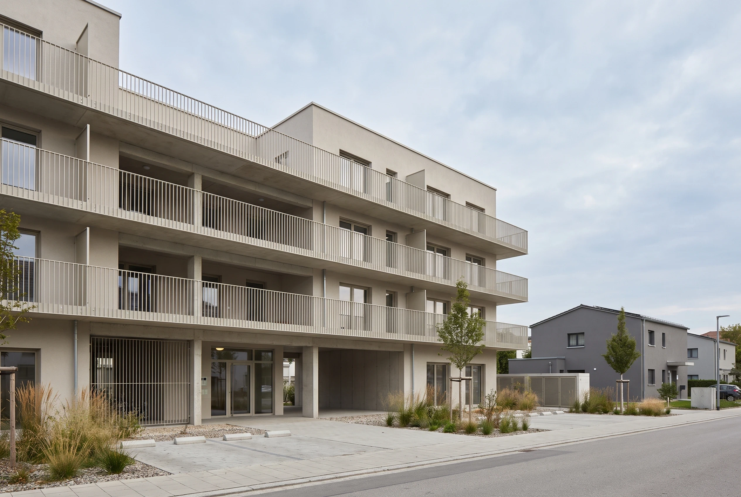 浅色阳台住宅群建筑渲染，住宅 AI 设计参考