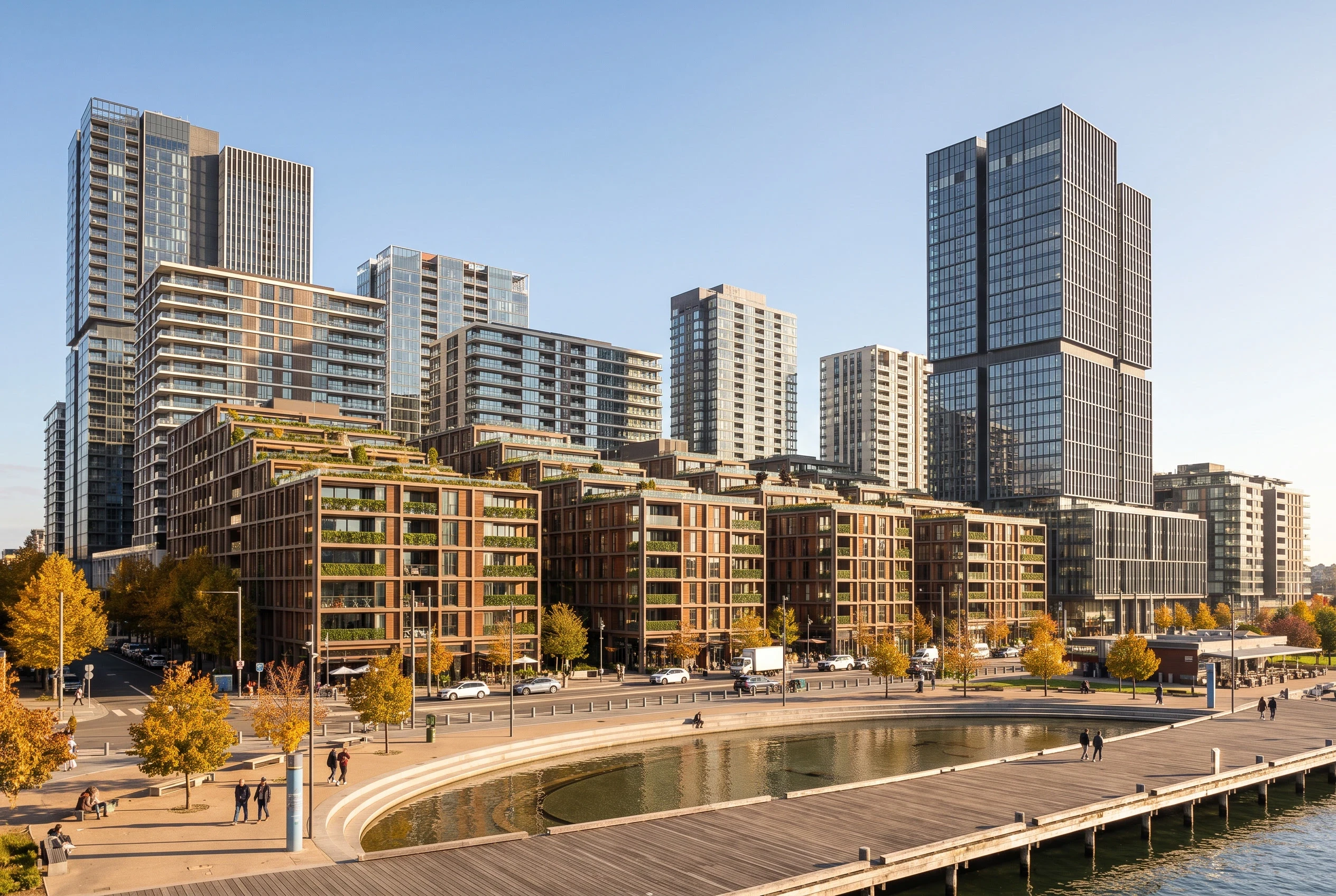 秋日滨水高层社区，办公商业 AI 设计参考