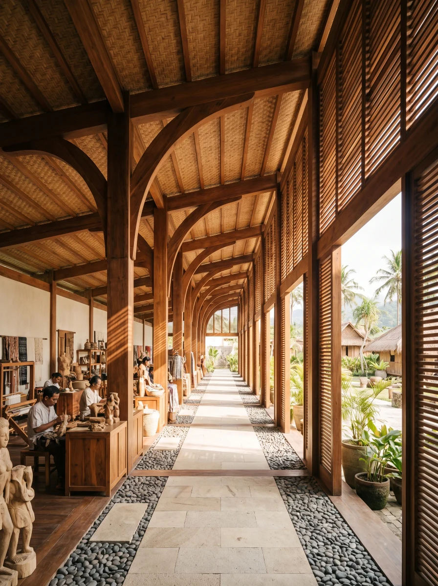 热带木构工艺展廊，文化展览 AI 设计参考
