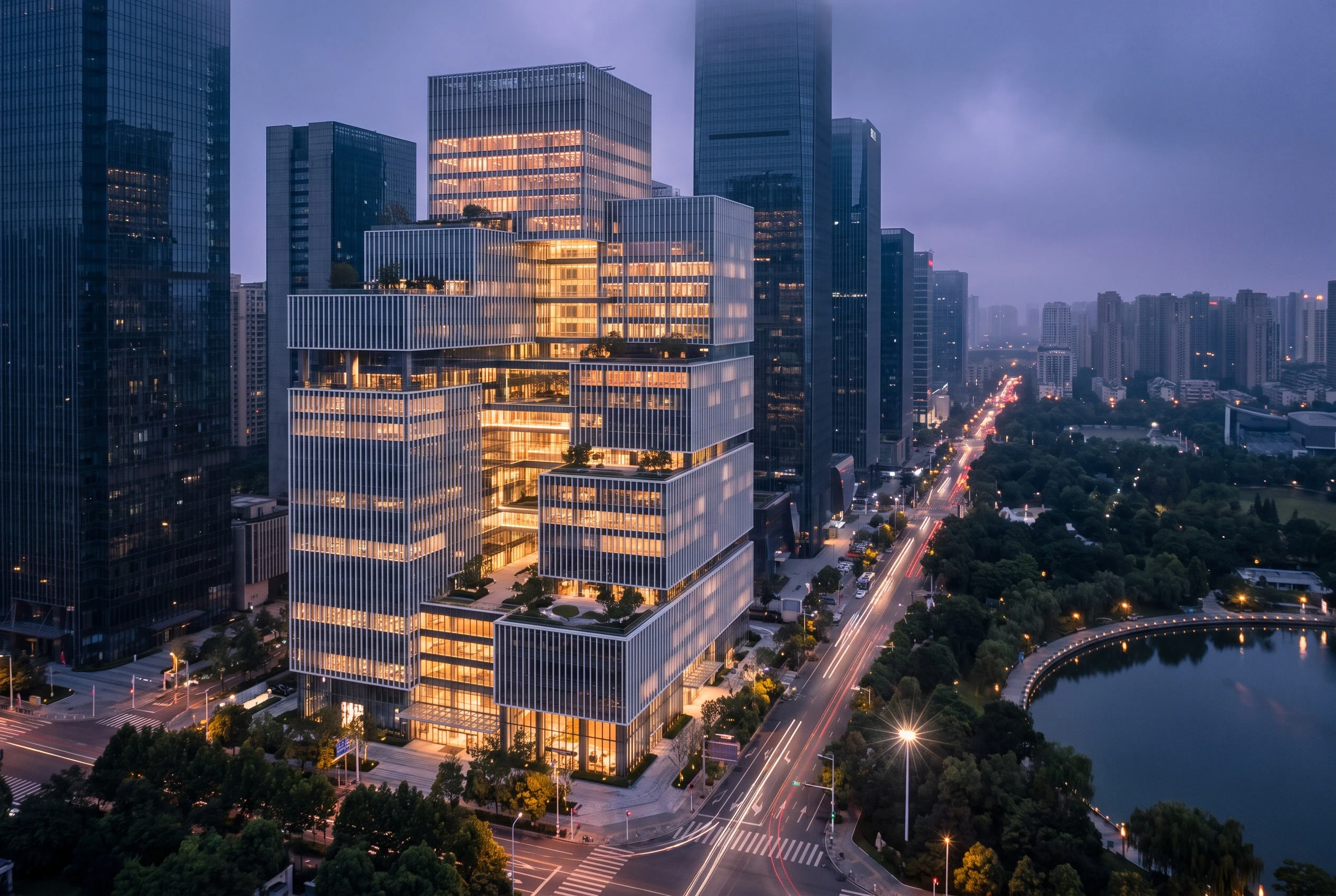 蓝调时刻垂直城市综合体，办公商业 AI 设计参考