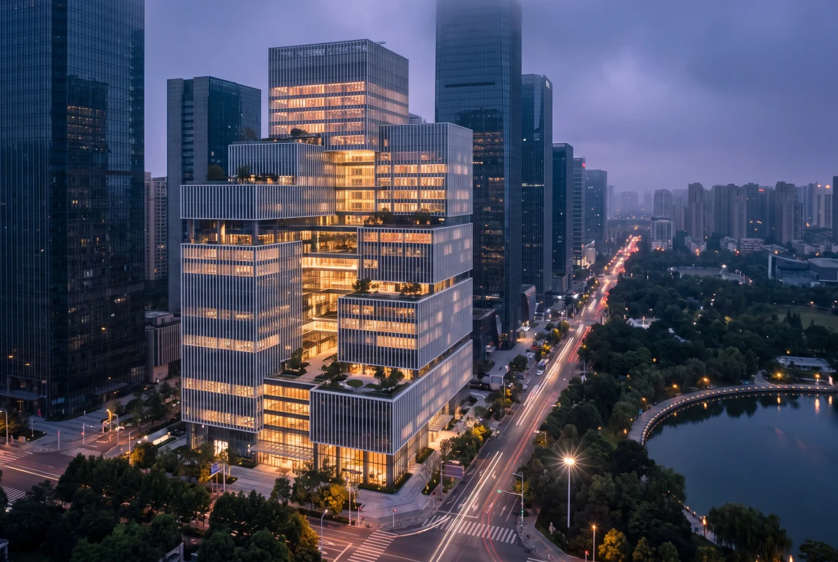 蓝调时刻垂直城市综合体，办公商业 AI 设计参考