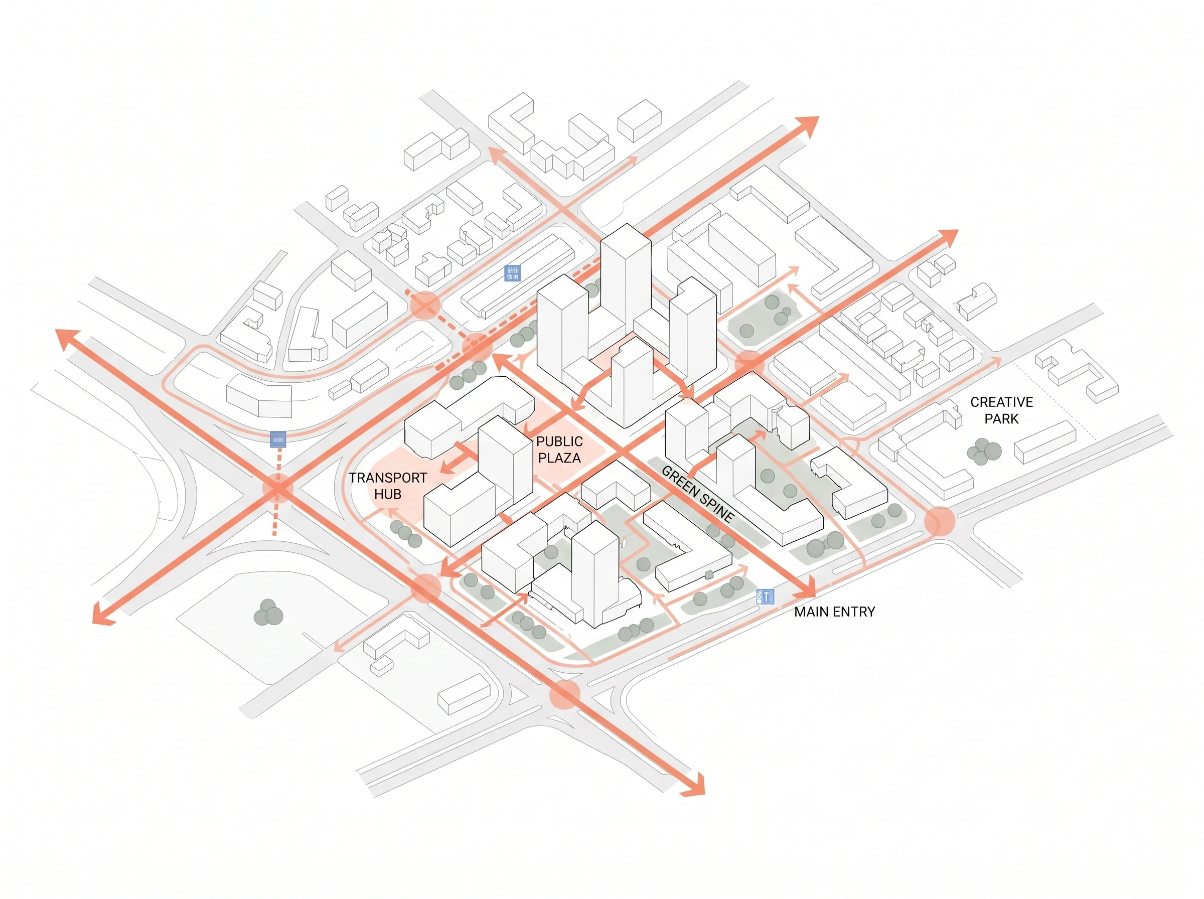 城市建筑功能流线轴测图，功能流线 AI 设计参考
