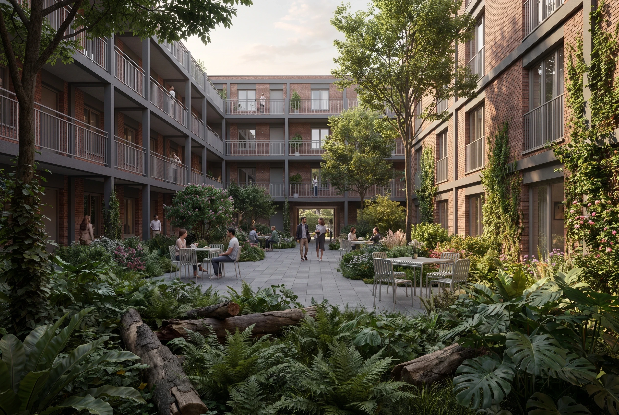 城市建筑中的绿荫庭院，公园绿地 AI 设计参考