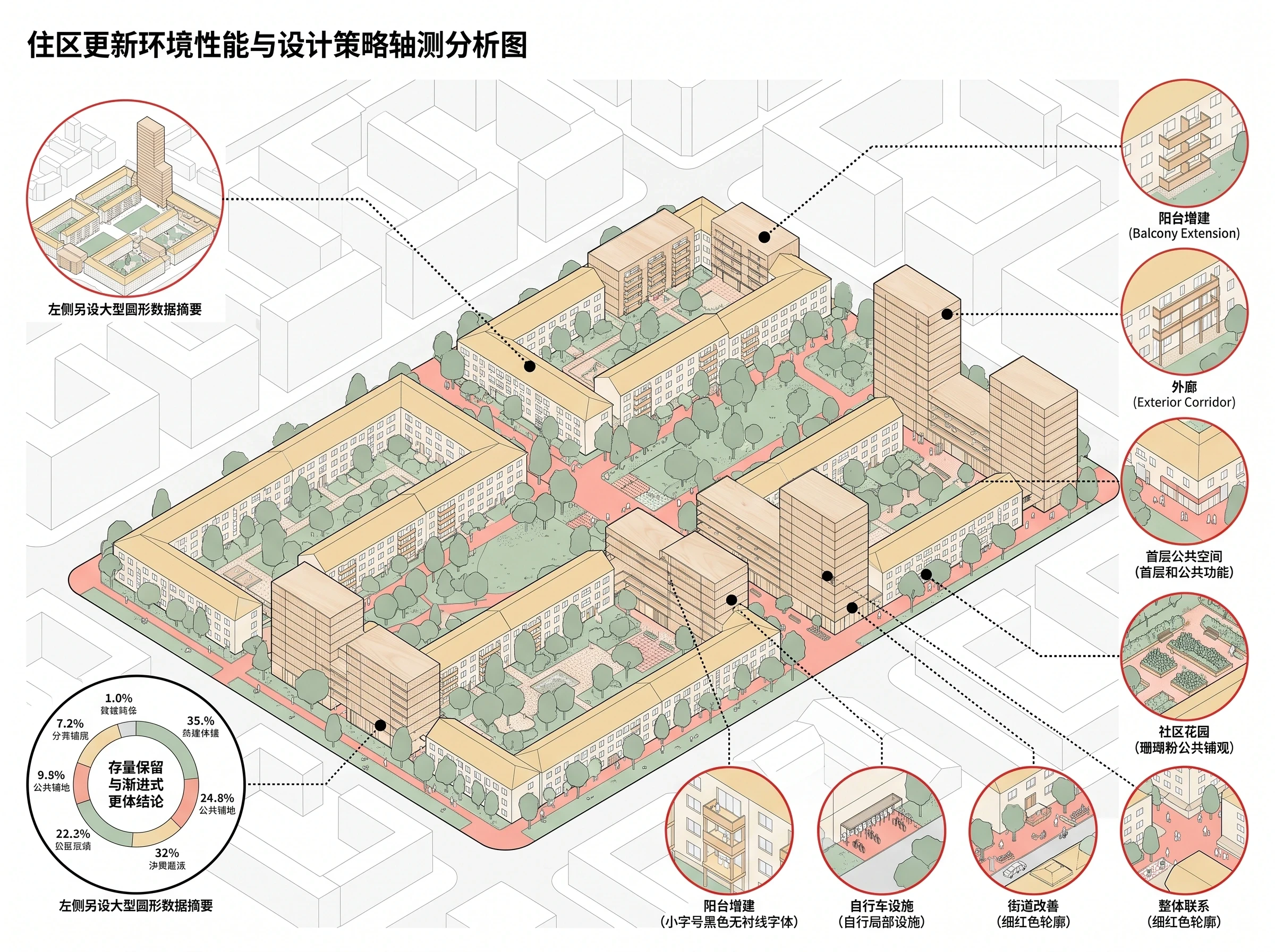住区更新环境策略轴测图，环境性能 AI 设计参考