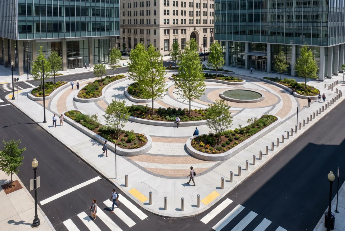 城市街角弧形绿荫广场，广场公共空间 AI 设计参考