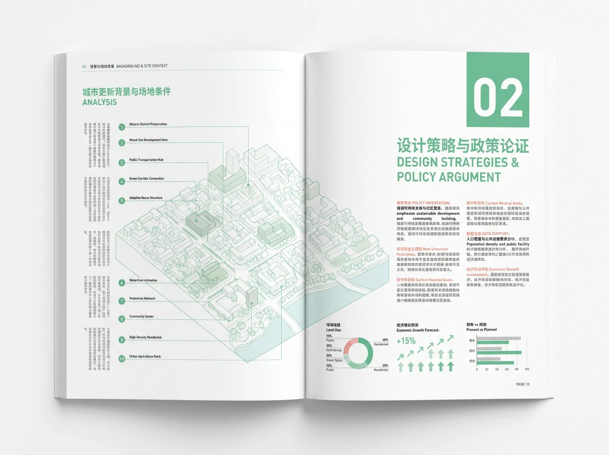 绿色城市更新汇报排版，展板排版 AI 设计参考
