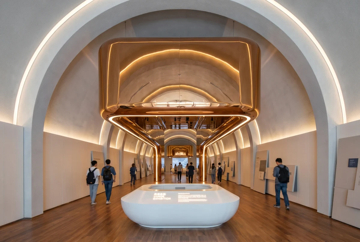金属反射体文化展陈空间，文化展陈 AI 设计参考