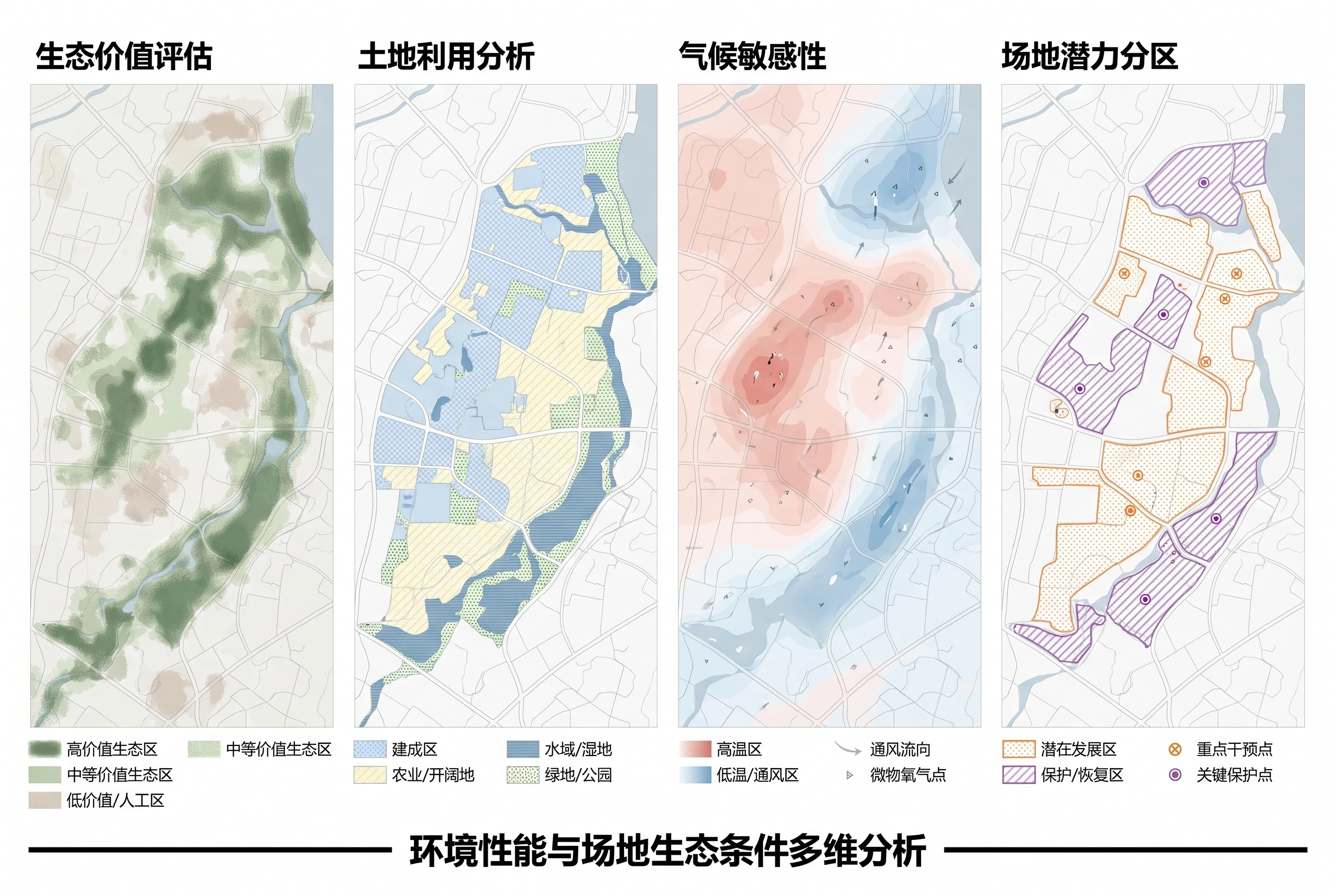 环境指标并列地图分析图，环境性能 AI 设计参考