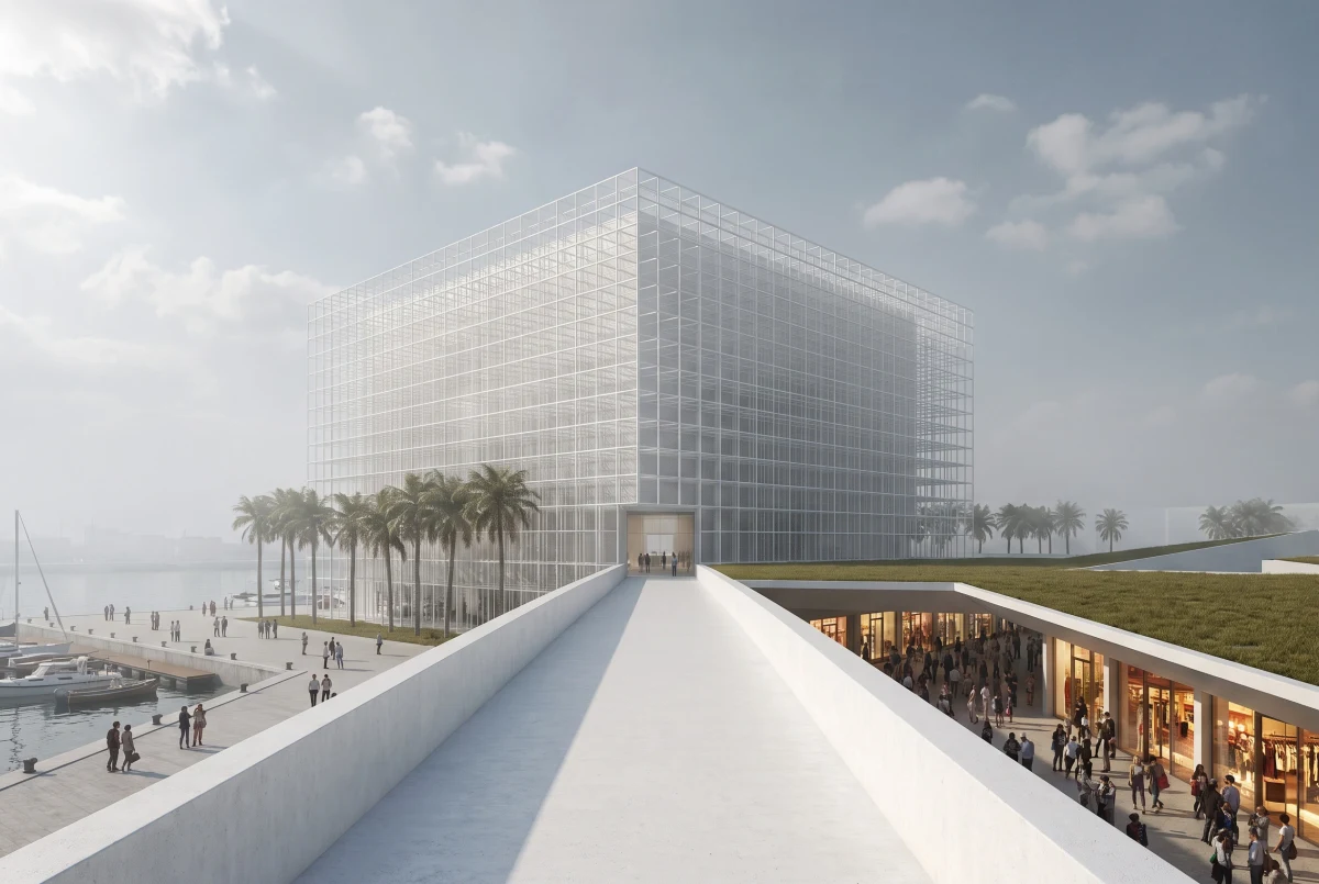 滨水格栅艺术中心竞赛效果图，文化展览 AI 设计参考