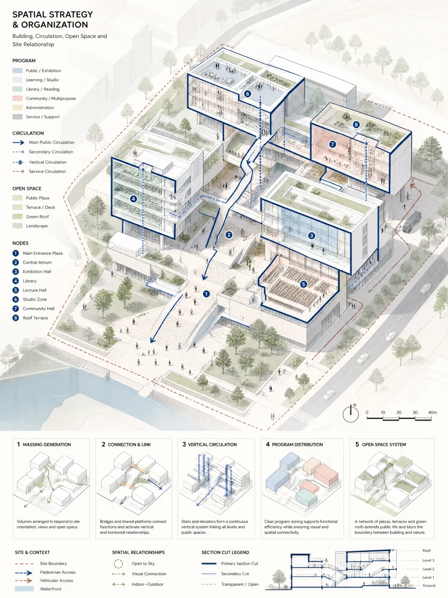 轴测建筑空间关系分析图，空间关系 AI 设计参考