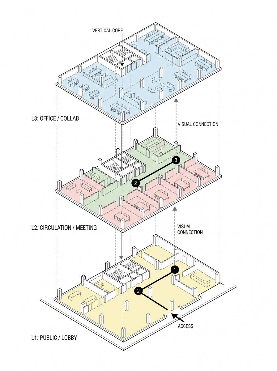分层空间关系爆炸轴测图，空间关系 AI 设计参考