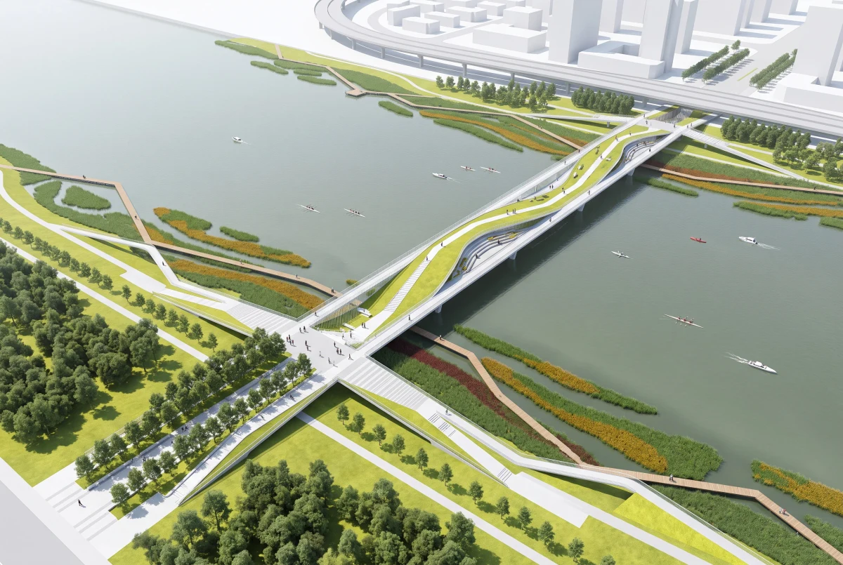 滨水生态桥上公园，公园绿地 AI 设计参考