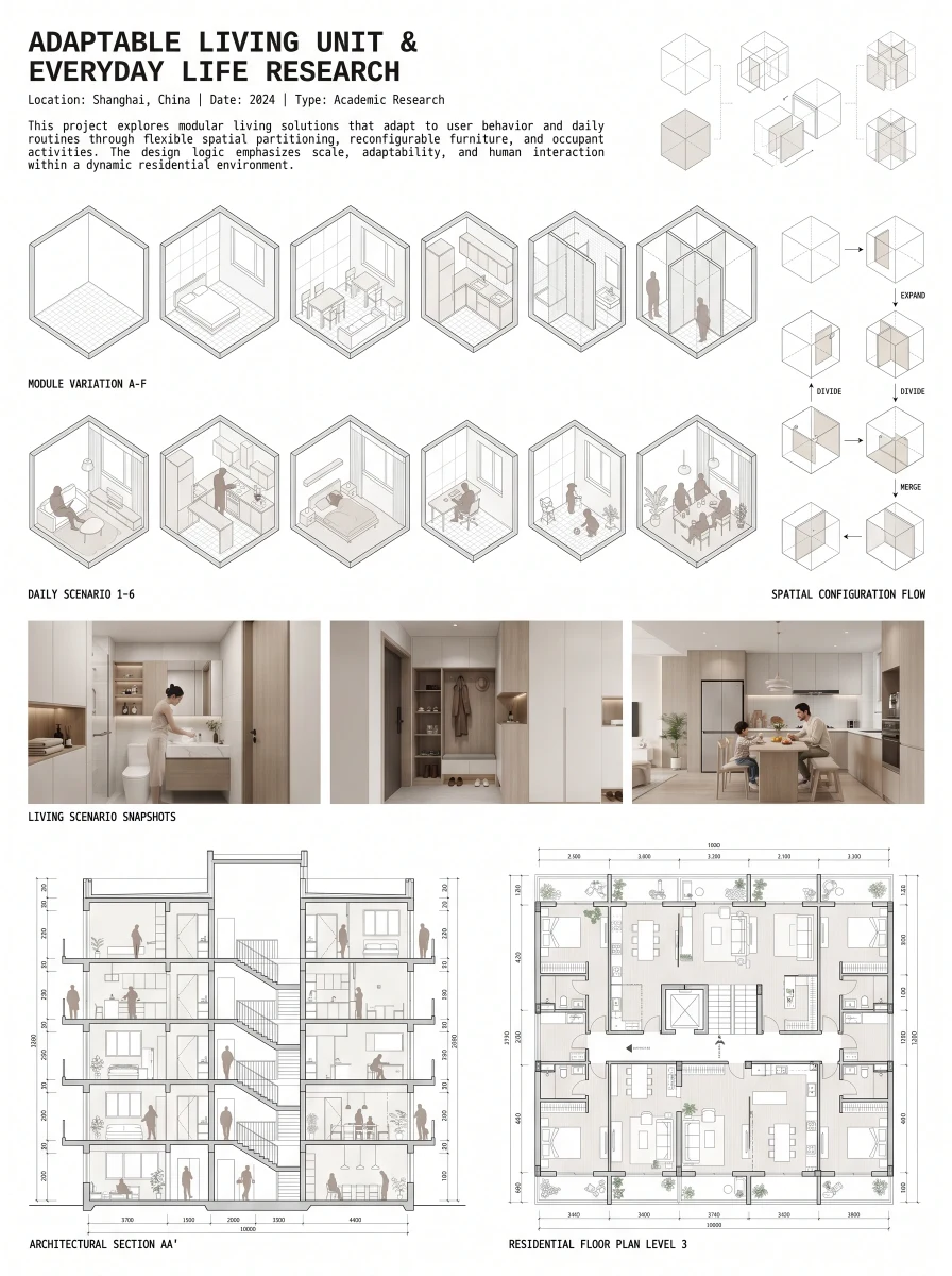可变居住空间作品集展板，展板排版 AI 设计参考