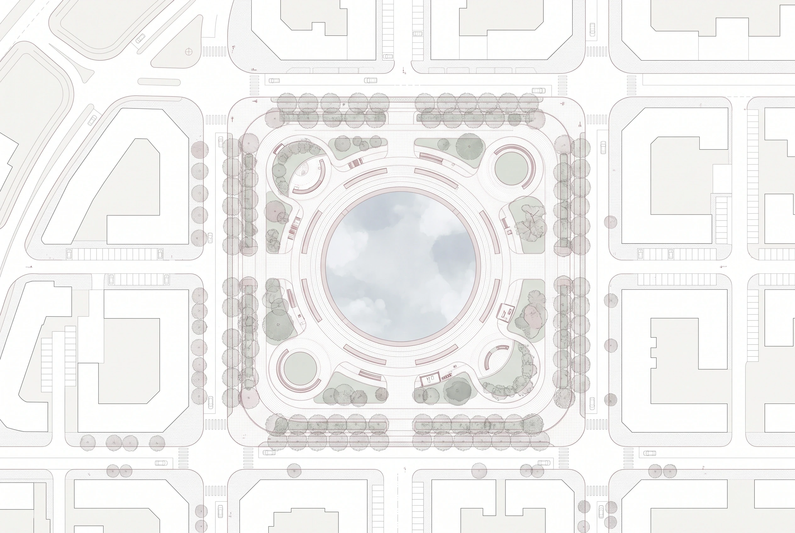 城市环形水庭总平面，总平面 AI 设计参考